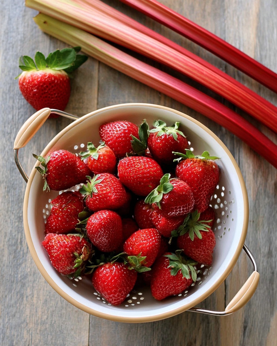 A round white colander with a beige rim is full of bright red strawberries with green leafy tops, arranged closely together. Behind the colander, five long and slender rhubarb stalks lie diagonally, showing red and light yellow colors. One whole strawberry with green leaves rests next to the colander on a wooden surface, while the wooden surface is changed to a white marbled texture, giving a clean look. The lighting is natural, highlighting the shiny texture of the strawberries. photo taken with an iphone --ar 4:5 --v 7