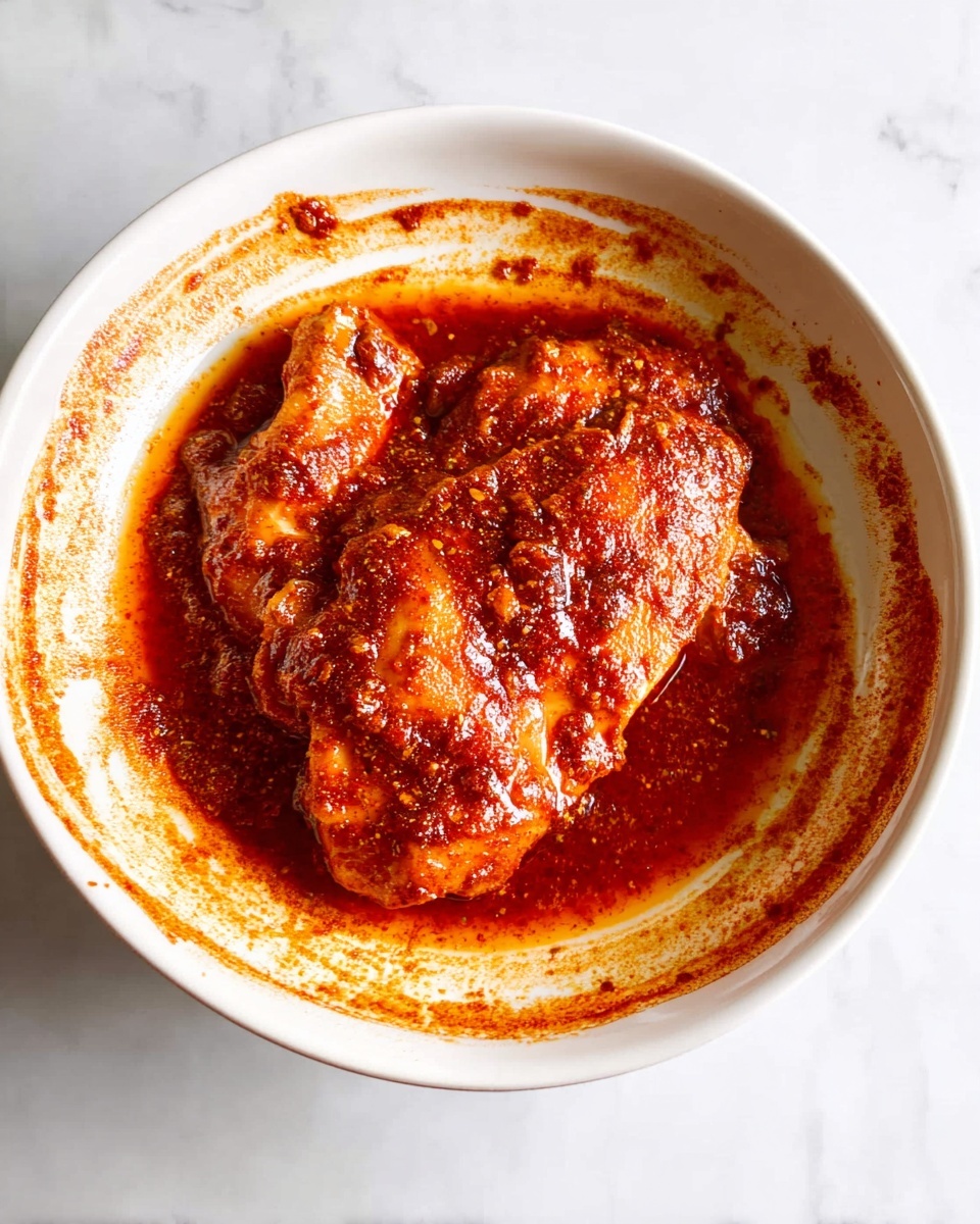 A single piece of chicken sits in the middle of a white shallow bowl. The chicken is fully covered in a thick, reddish-brown sauce with a shiny, sticky texture. Around the chicken, the sides of the bowl have smeared sauce marks showing a mix of darker red and brown shades. The bowl is placed on a white marbled surface with subtle grey veins. photo taken with an iphone --ar 4:5 --v 7
