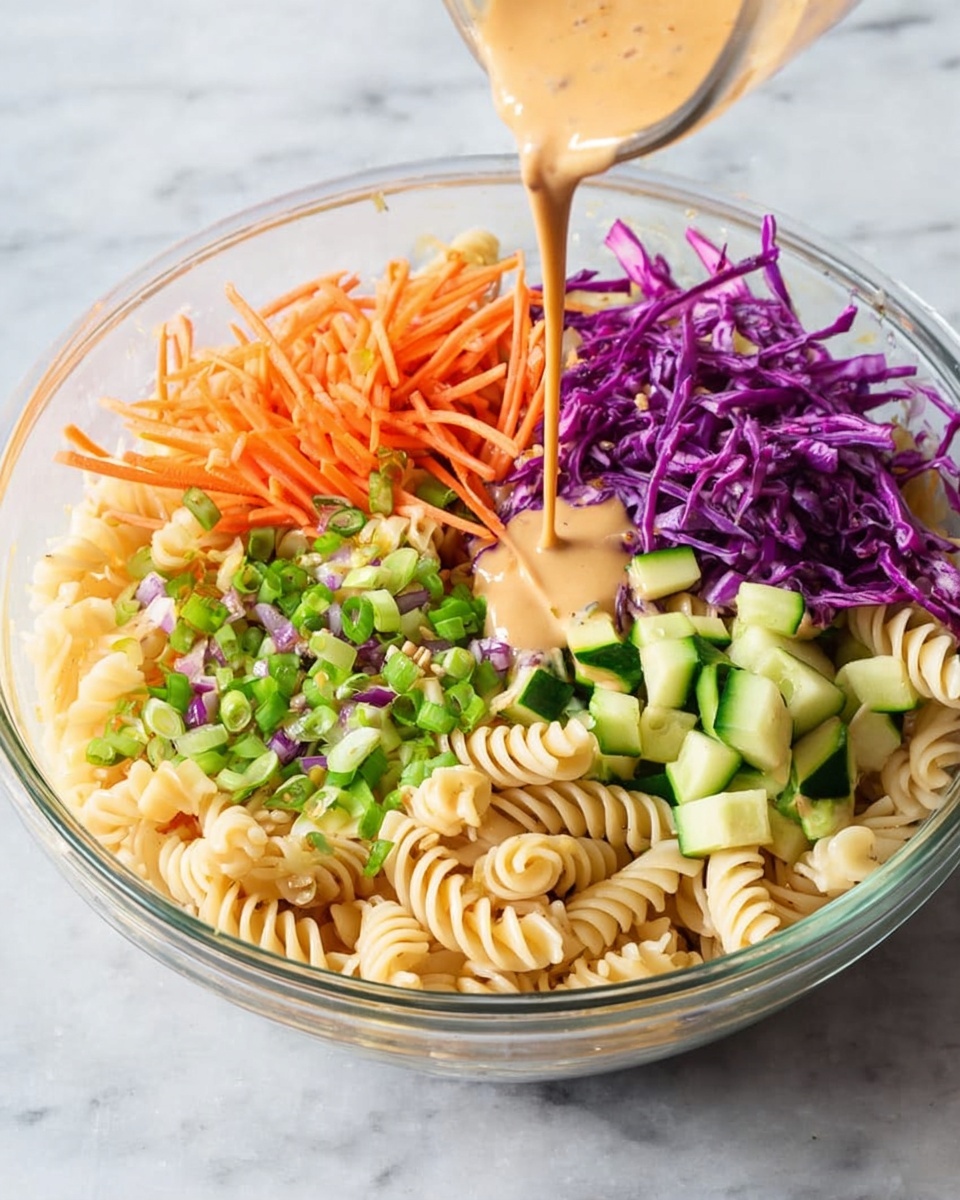 A white plate holds a colorful pasta salad with three main layers. The bottom layer is light beige rotini pasta twisted into spirals. On top, there are chopped vegetables: bright orange carrot strips, small pieces of purple cabbage, and light green chunks of cucumber. Scattered green bits of chopped scallions are layered evenly across the salad. Everything looks mixed but distinct, with a creamy light sauce coating the pasta and vegetables. The background is a white marbled surface. Photo taken with an iphone --ar 4:5 --v 7