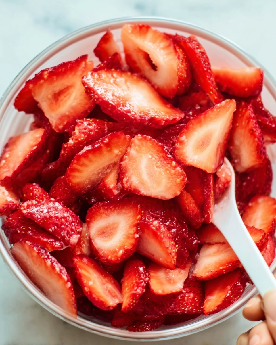 The image shows a close-up of a white bowl filled with thinly sliced fresh strawberries. The slices have a bright red color with seeds visible on the surface and a juicy texture. The slices are layered and overlapping evenly, filling the bowl almost to the top. A white plastic spoon is partially visible on the right side, with a woman's hand holding it. The bowl sits on a white marbled surface. photo taken with an iphone --ar 4:5 --v 7