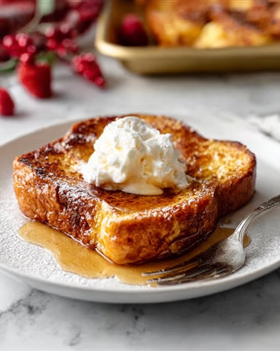 A white plate holds a thick slice of toasted bread with a golden-brown, slightly crispy texture. On top of the toast is a dollop of white cream, likely whipped cream, sitting in the center. The toast looks shiny with a light syrup glaze dripping slightly on the edges. A silver fork is placed on the right side of the plate. In the background, a white marbled surface is visible, with a blurred gold baking tray and some red berries adding soft color. The lighting is natural and soft, highlighting the toast's texture and syrup shine. photo taken with an iphone --ar 4:5 --v 7