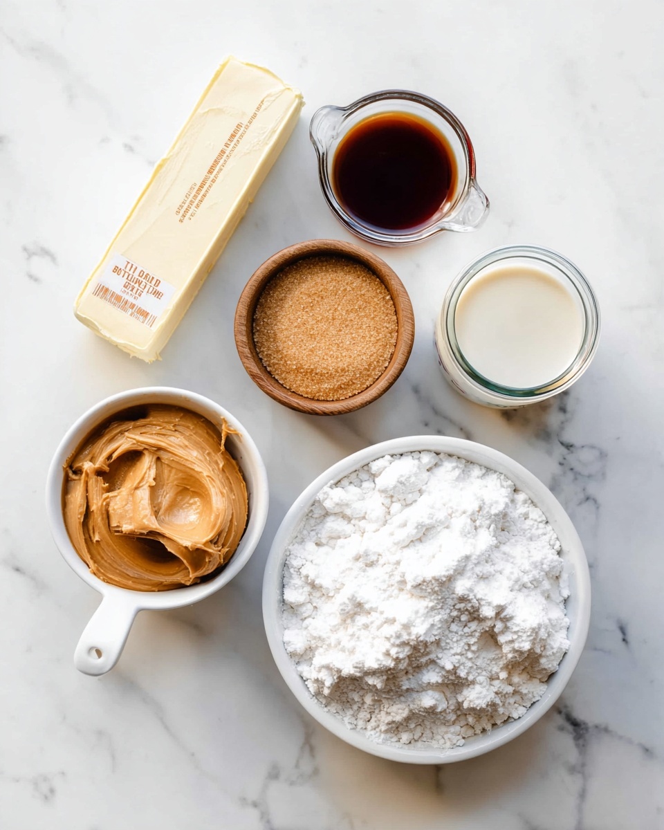 The image shows six cooking ingredients placed on a white marbled surface arranged neatly. On the top right, a round white bowl is filled with a fluffy white powder, likely powdered sugar. Below that, a clear measuring cup holds light brown sugar with a soft texture, and to its left is a white measuring cup filled with smooth peanut butter, creamy and rich in color. Above the peanut butter, there is a small wooden bowl containing a dark brown liquid, which looks like vanilla extract. To the left of the brown sugar, a stick of pale yellow butter with a label lies flat on the surface. Above the butter and slightly to the right, a small clear glass jar contains a creamy white liquid, probably condensed milk or cream. The whole scene is bright with natural light and the background is clean and simple. Photo taken with an iphone --ar 4:5 --v 7
