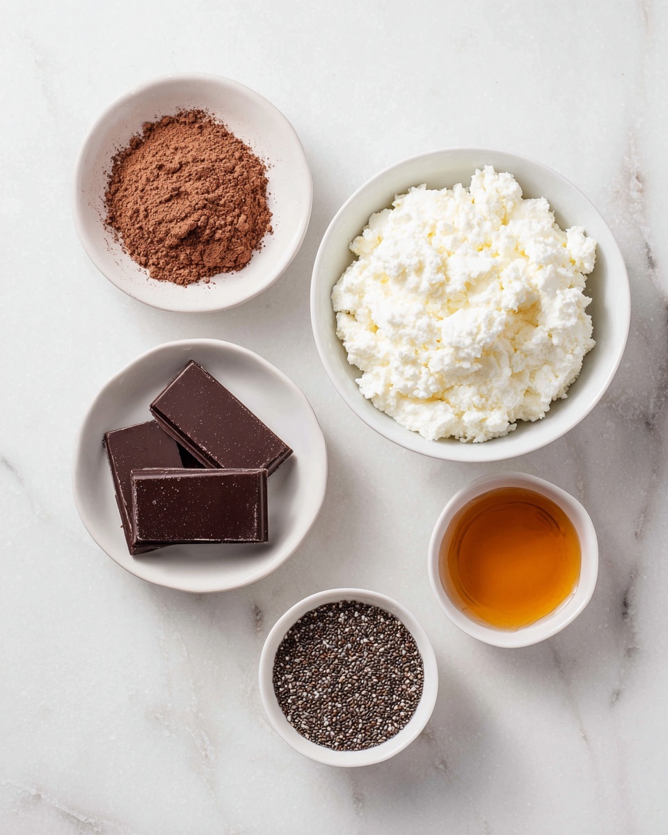 Five small white bowls sit on a white marbled surface, each holding a different ingredient. The top right bowl is filled with lumpy, white cottage cheese. To its left, a bowl holds fine, brown cocoa powder with small clumps. Below the cocoa powder, another bowl contains three thick squares of dark chocolate with a slightly dusty surface. To the right of the chocolate, a smaller bowl is filled with tiny, dark chia seeds that have a slightly shiny texture. Finally, at the bottom right, a bowl holds a smooth, golden amber liquid that looks like honey. The arrangement is neat with the bowls spaced apart in a loose circular pattern photo taken with an iphone --ar 4:5 --v 7