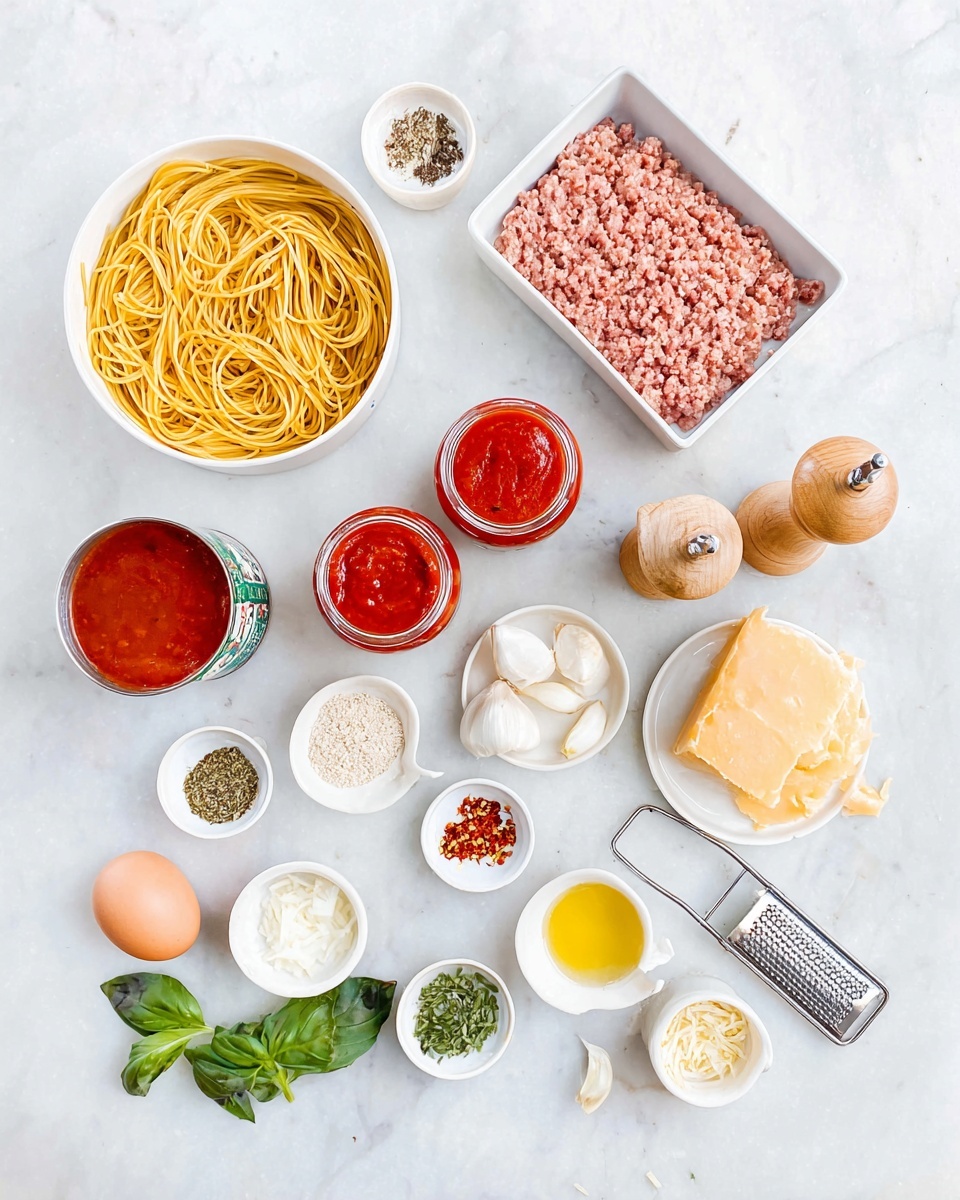 The image shows ingredients for a pasta dish arranged neatly on a white marbled surface. There is one large white bowl filled with cooked yellow spaghetti at the bottom left. Near the center, there are two opened cans of red tomato sauce with a small jar of red tomato paste above them. To the right, a white tray holds light pink ground meat. A small white plate near the upper right contains a wedge of yellow cheese with some grated cheese and a metal grater resting on top. Scattered around are small white bowls and dishes holding fresh green basil leaves, white garlic cloves, a single brown egg, diced white onions, yellow oil, red chili flakes with a wooden spoon, mixed dried herbs, white and green spices, and a salt bowl. Two wooden pepper grinders are placed near the top center. The colors are mainly natural and bright with colorful ingredients well spread out. photo taken with an iphone --ar 4:5 --v 7