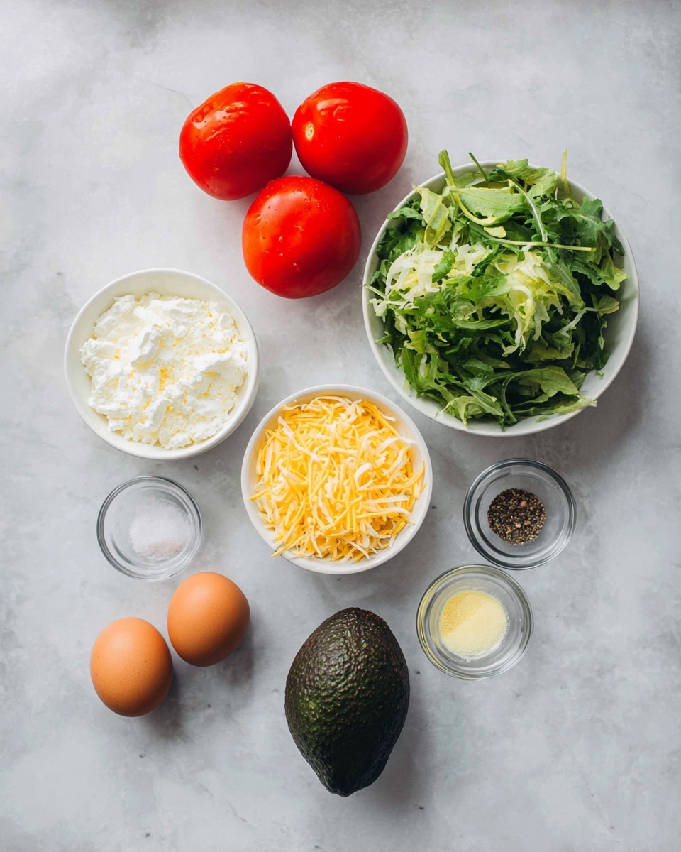 Several ingredients are arranged on a white marbled surface in a flat lay style. At the top center, there are two whole red tomatoes with smooth skin. Below them, starting from left to right, is a white bowl filled with white cottage cheese and another white bowl with shredded yellow and white cheese. On the right side is a white bowl full of mixed green leafy salad. At the bottom center, a dark green avocado with a rough texture lies close to a small white bowl holding two brown eggs. Around these main items are three small clear glass bowls containing black pepper, a light yellow powder, and white salt. The photo taken with an iphone --ar 4:5 --v 7