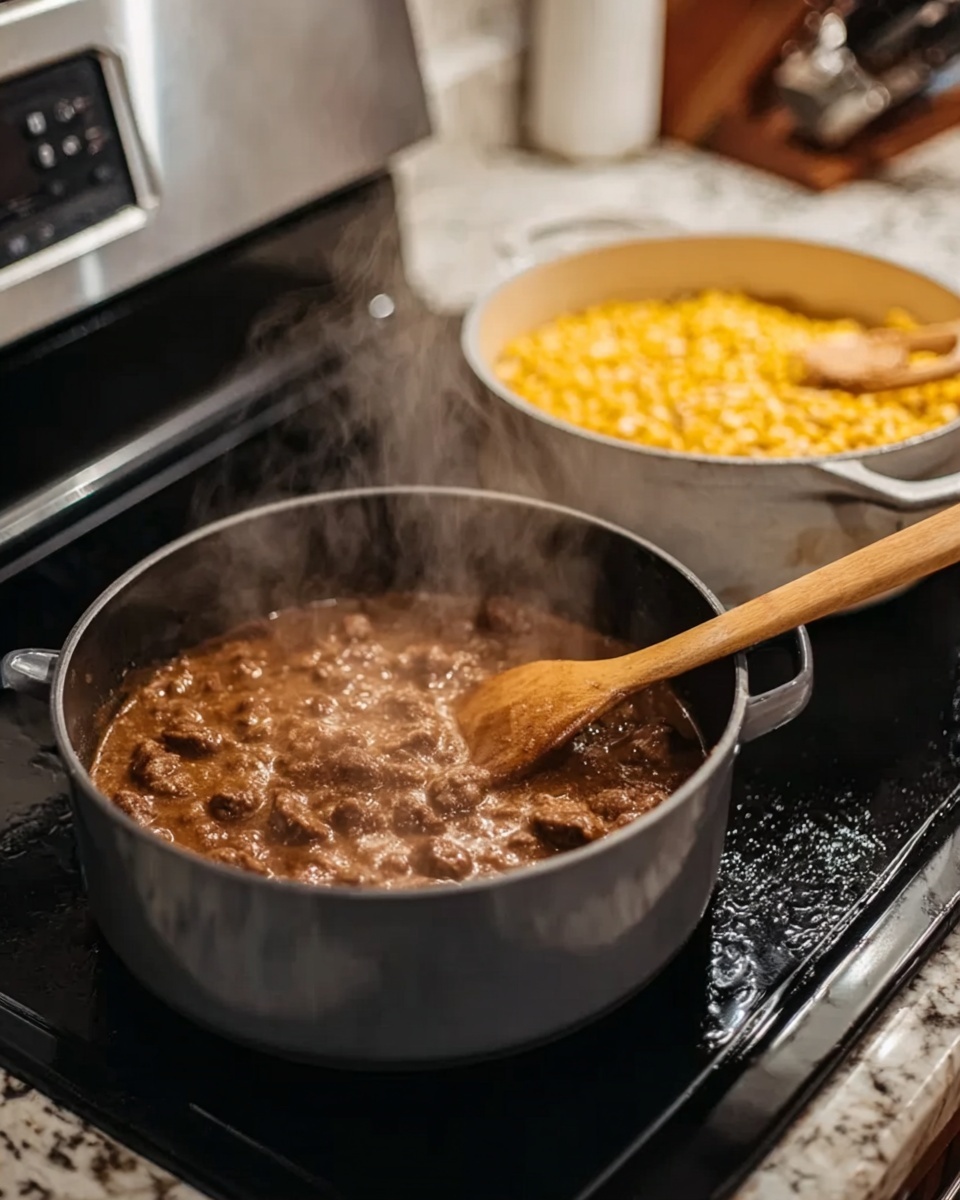 A dark gray pot sits on a black stove with sizzling brown meat in a thick sauce, steaming visibly. A wooden spoon rests on top of the pot. In the background, there is a white pot filled with bright yellow corn kernels with some water. The stove surface is black and the background around it is a white marbled texture. photo taken with an iphone --ar 4:5 --v 7