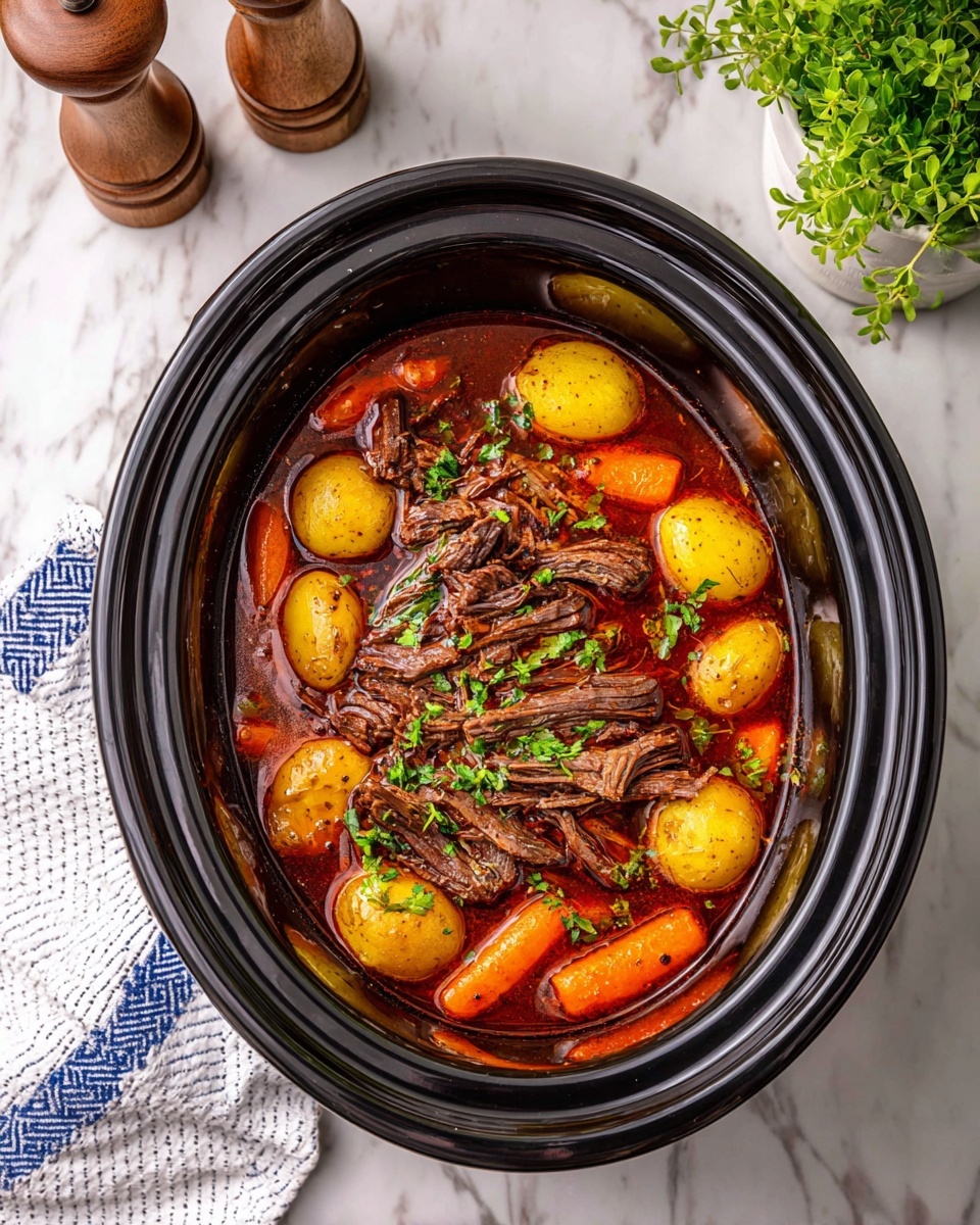 The image shows a black slow cooker filled with a rich brown stew, featuring several thick layers of shredded dark brown meat in the center. Around the meat, there are small golden yellow potatoes and bright orange baby carrots, all partially submerged in a deep reddish-brown broth. The stew is topped with fresh chopped green herbs. The slow cooker sits on a white marbled surface next to a white and blue striped cloth, with wooden salt and pepper grinders to the left and a green plant in a white pot to the right. photo taken with an iphone --ar 4:5 --v 7