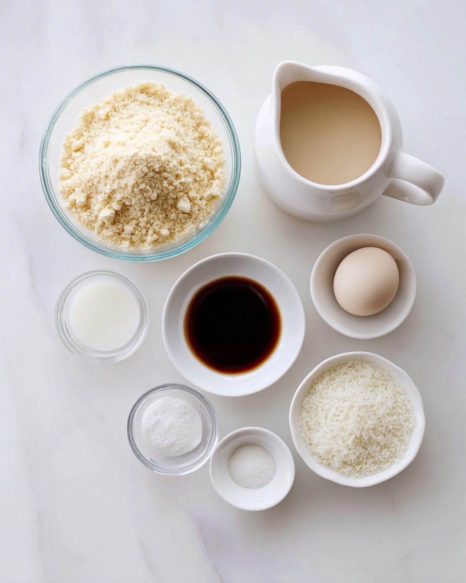 A top view of several ingredients arranged neatly on a white marbled surface. There is a clear glass bowl filled with light beige crumbly powder in the top left. To the right, a white ceramic pitcher holds a light beige liquid. Below the pitcher, an egg is placed in a small white bowl. Around the egg, there are four small white bowls and clear glass bowls. One bowl contains a white powder, another has a dark brown liquid, another holds white granules, and the last one is empty. The whole setup is clean and bright with soft natural light. Photo taken with an iphone --ar 4:5 --v 7