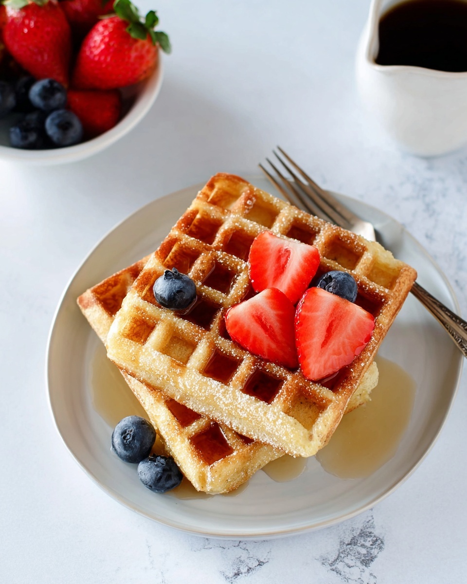 Two golden brown waffle pieces are stacked slightly on a white plate with a silver fork resting behind them. The waffles have a crisp texture with deep square pockets filled with syrup. On top and beside the waffles are fresh fruit slices: two thin, bright red strawberry slices and several small, plump blueberries. A white bowl with large red strawberries and a white cup with dark syrup are partially visible on a white marbled textured surface. Photo taken with an iphone --ar 4:5 --v 7
