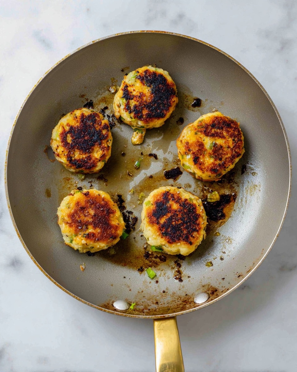 A gray pan with a gold handle contains five small, round patties arranged loosely in a circle. Each patty has a golden-brown crust with darker, slightly burnt spots on top, and a light yellow inside with a few small green bits visible. The pan surface shows some oil stains and blackened drips around the patties, all placed on a white marbled texture background. photo taken with an iphone --ar 4:5 --v 7