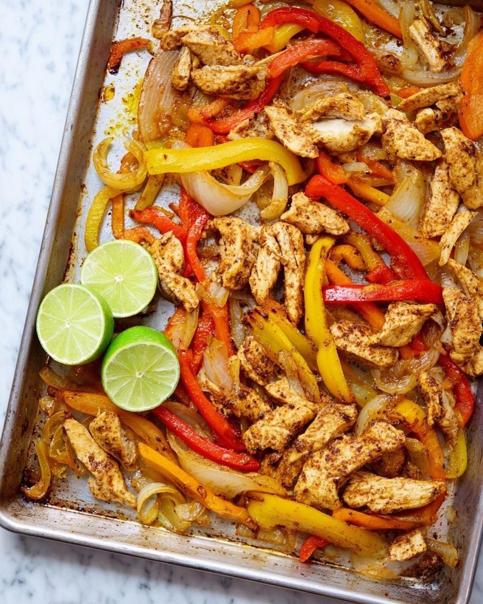 A metal tray holds a cooked mix of thinly sliced light brown chicken pieces and strips of red, yellow, and orange bell peppers along with translucent cooked onion slices. Two bright green lime halves rest on the left side, adding a fresh color contrast. The cooking tray shows some brown spots and grease, reflecting the roasted texture of the food. The background is a white marbled texture photo taken with an iphone --ar 4:5 --v 7