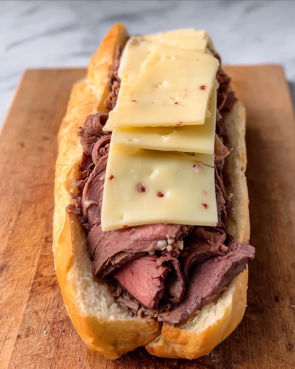 Steak Stuffed Bread Boat Recipe 4 A sandwich is shown on a wooden cutting board with a white marbled background. It has three main layers: the bottom layer is a soft light brown sandwich roll sliced open. Inside the roll, there is a thick pile of sliced roast beef, showing a mix of dark brown outside and pink inside colors. On top of the roast beef are two large square slices of pale yellow cheese with red and brown specks scattered throughout. The cheese covers part of the meat under it. The sandwich is open-faced, showing all the layers clearly. photo taken with an iphone --ar 4:5 --v 7
