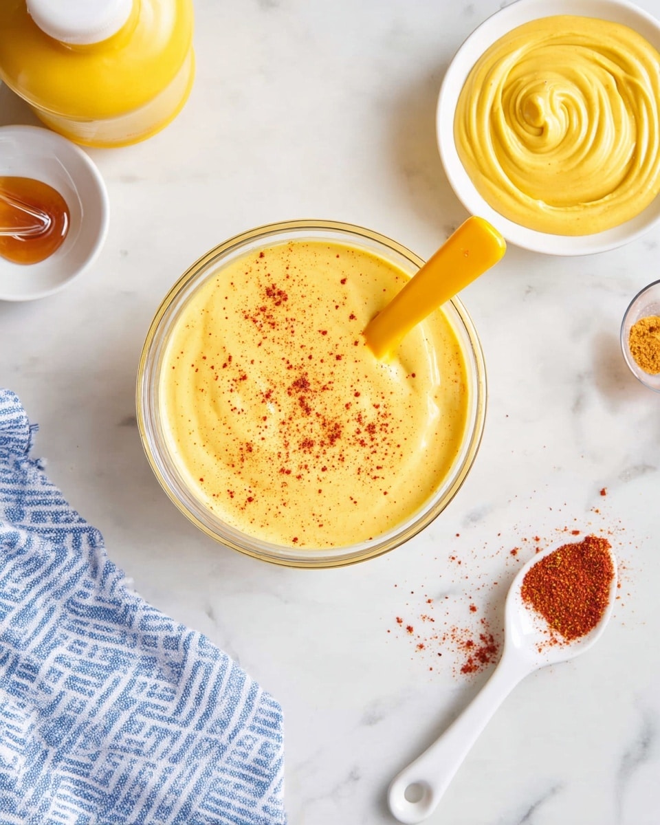 A clear glass bowl filled with a smooth, creamy yellow sauce topped with a sprinkle of red spice sits in the center on a white marbled surface. A yellow spatula is partially dipped into the sauce, resting on the rim of the bowl. Nearby, a small white bowl holds a thick swirl of bright yellow mustard with some on the sides. To the upper left, there is a yellow mustard squeeze bottle and a small bottle of honey. A white ceramic spoon on the right side of the image holds some red spice, with extra red spice scattered around it. A blue and white striped cloth lies folded in the bottom left corner. Photo taken with an iphone --ar 4:5 --v 7