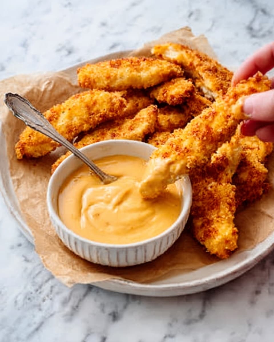 The image shows a white plate with several crispy golden-brown chicken strips stacked on one side on a piece of brown parchment paper. Next to the chicken strips, there is a small white bowl filled with smooth, creamy, light orange dipping sauce. A spoon rests inside the bowl, and a woman's hand is holding one of the chicken strips dipped in the sauce. The background is a white marbled surface. Photo taken with an iphone --ar 4:5 --v 7