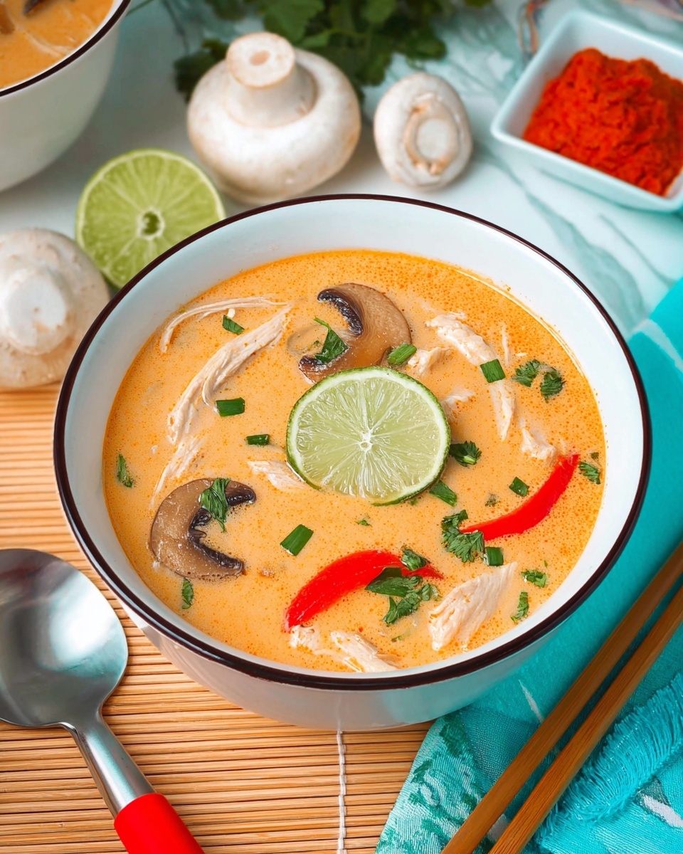 A white bowl with a thin dark rim holds creamy orange soup filled with thin white chicken pieces layered with smooth beige mushroom slices and bright red bell pepper chunks, topped with scattered green herbs and chopped green onions. A single bright green lime wedge with visible segments floats on the soup surface near the center. Around the bowl are whole white mushrooms, a lime half with visible pulp, and a white dished bowl holding red paste on a white marbled surface. The soup bowl rests on a bamboo mat, next to wooden chopsticks on a light blue cloth. A stainless steel spoon with a red handle is at the bottom left. Photo taken with an iphone --ar 4:5 --v 7