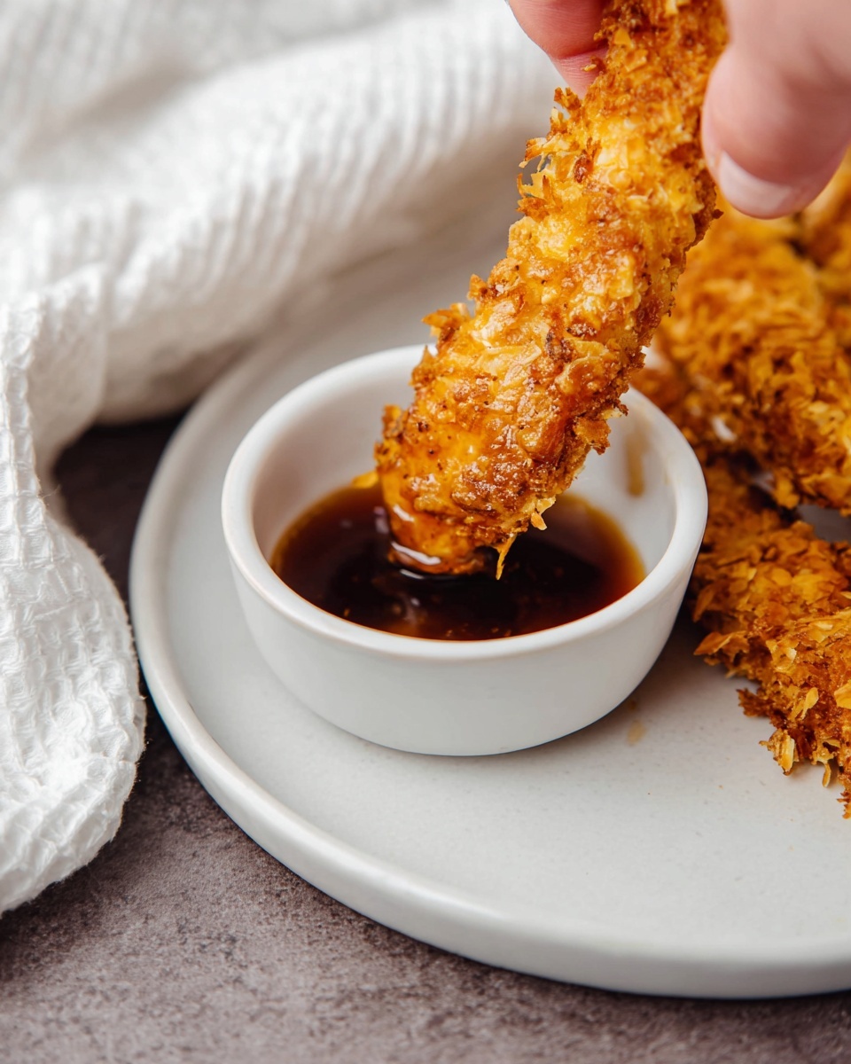 Air Fryer Cornflake Chicken Tenders with Hot Honey Recipe 5 This image shows a white plate full of five crispy, golden-brown fried chicken strips, each covered in a crunchy, uneven coating that looks like crushed cornflakes. There are drizzles of shiny, light honey on the bottom edge of the plate, adding a sticky texture and a warm amber color. In the background, slightly out of focus, there is another white plate stacked with more fried chicken strips. Behind that, a small white bowl filled with a red dipping sauce sits beside a soft, folded white cloth on a white marbled surface. The overall scene has a warm, inviting feel with the contrast of the golden chicken and the clean white background. photo taken with an iphone --ar 4:5 --v 7