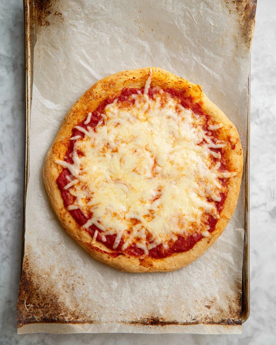 A small round pizza sits on white parchment paper on a worn baking tray with brown rust spots. The pizza has a golden-brown crust that is slightly raised around the edges. It has one visible layer of red tomato sauce spread across the dough, topped with a layer of melted white cheese evenly covering the surface. The background is a white marbled texture. photo taken with an iphone --ar 4:5 --v 7