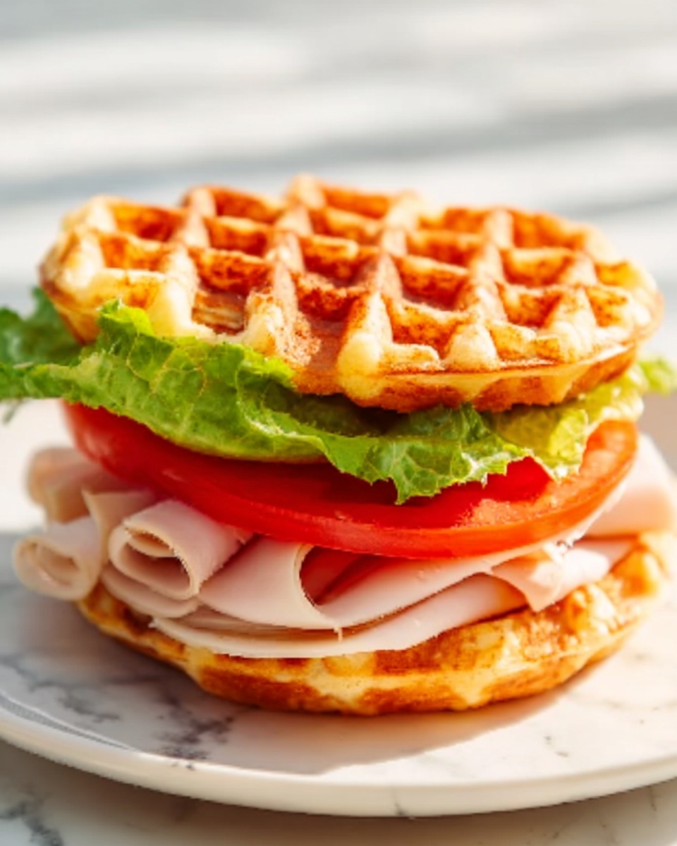 The image shows a small sandwich made with two golden brown waffles as the top and bottom layers. Inside, there is a bright green leaf of lettuce lying flat on the bottom waffle, topped by a thick red slice of tomato. Above the tomato, several thin slices of light pink turkey are folded neatly, creating a soft texture. The sandwich sits on a white plate, with a white marbled surface in the background. The scene is well-lit with natural light, and a woman's hand is slightly visible near the edge of the frame. photo taken with an iphone --ar 4:5 --v 7