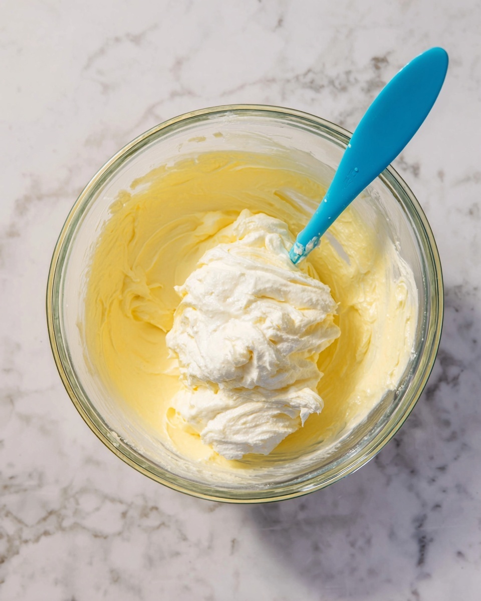 A clear glass bowl holds two main layers of ingredients: the bottom layer is a smooth, pale yellow creamy mixture that fills most of the bowl, while the top layer is a fluffy, white whipped substance sitting on one side. A blue spatula is partially immersed in the yellow cream, resting on the right side of the bowl. The bowl sits on a white marbled surface. photo taken with an iphone --ar 4:5 --v 7