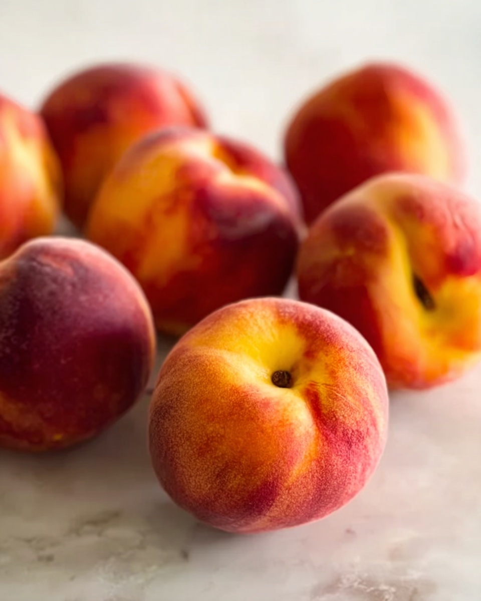 The image shows a collection of ripe peaches arranged casually on a white marbled surface. Each peach has a smooth skin with colors blending from deep red to bright orange and yellow, showing natural texture with gentle curves and dimples. The peaches are placed in a way that some are closer to the camera in focus, showing fine details, while others are softly blurred in the background. The lighting brings out the freshness and natural shine on the fruit. photo taken with an iphone --ar 4:5 --v 7
