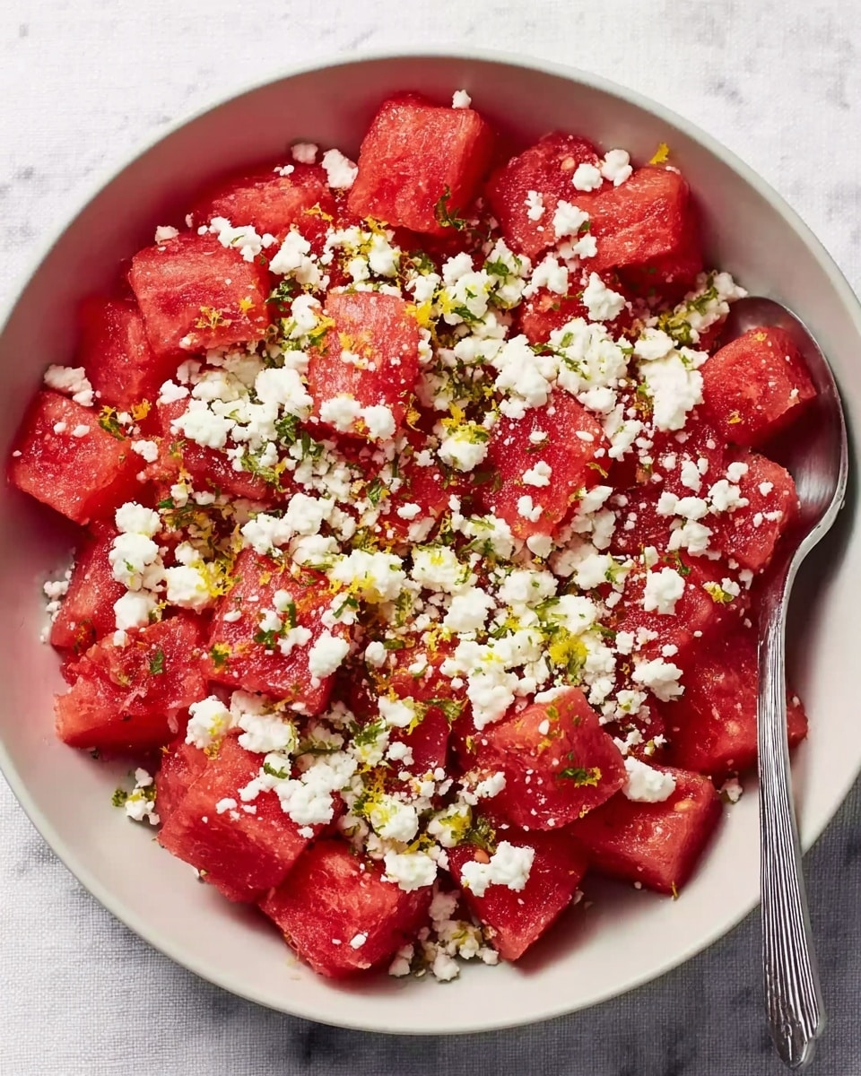 A white bowl filled with bright red watermelon cubes as the base layer, topped with a layer of crumbly white cheese scattered evenly over the fruit. Small bits of green herbs are sprinkled on top, adding pops of color, along with tiny yellow zest pieces spread lightly. A silver spoon rests inside the bowl on the right side. The bowl is placed on a white marbled surface. Photo taken with an iphone --ar 4:5 --v 7