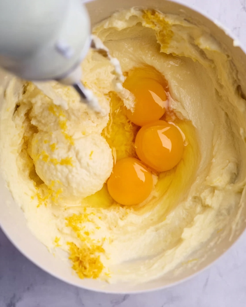 The image shows a close-up of a white bowl filled with creamy, light yellow batter, with two raw eggs cracked on top, the egg yolks bright yellow and intact. There is a white mixer part partially visible, blending the ingredients, and some small bits of what look like lemon zest or finely grated yellow peel on one side of the bowl. The bowl sits on a white marbled surface. The texture of the batter looks smooth and fluffy, surrounding the eggs. photo taken with an iphone --ar 4:5 --v 7