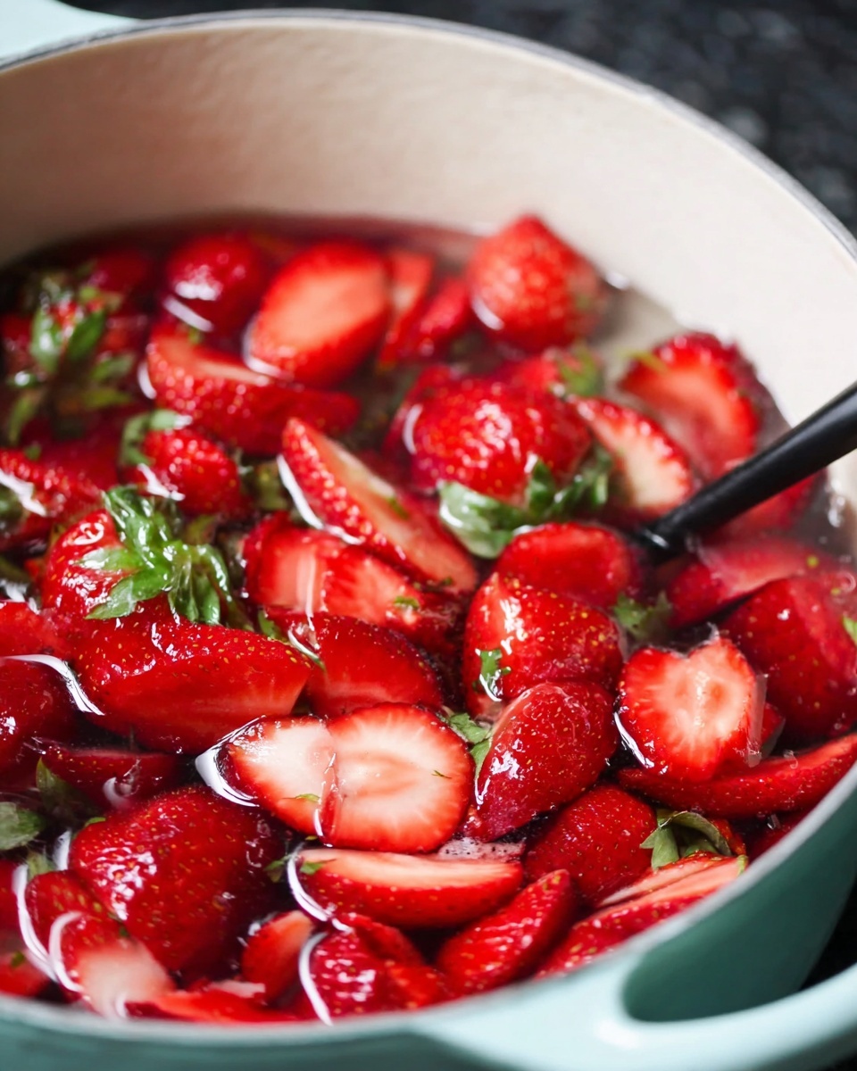 A white pot filled with fresh, bright red strawberries mostly sliced in half, showing their juicy insides and green leafy tops. The strawberries are soaking in clear water, creating a shiny, wet texture all over the fruit. A black spoon is partly visible in the pot, mixing or resting among the strawberries. The pot has a light blue handle, and the background is a soft dark blur, making the red strawberries really stand out. photo taken with an iphone --ar 4:5 --v 7