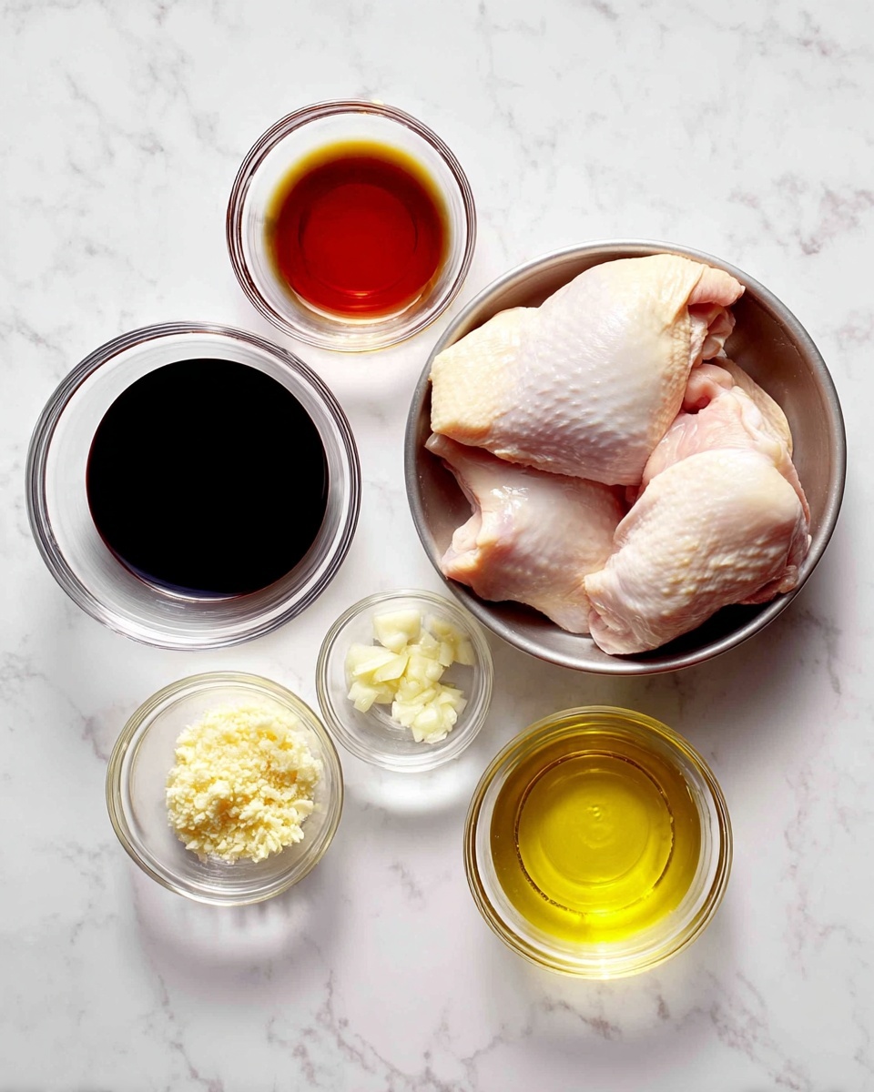 Honey Garlic Chicken Thighs Recipe 4 The image shows six small glass bowls and a metal bowl on a white marbled surface. The metal bowl on the right side holds three pieces of raw chicken with pale pink skin and white fat. Around it, five smaller glass bowls form a loose circle; one holds dark soy sauce, another contains a red-brown liquid, likely honey, one has a small clear liquid portion, another is filled with minced garlic, and the last holds a light yellow liquid, probably oil. Photo taken with an iphone --ar 4:5 --v 7