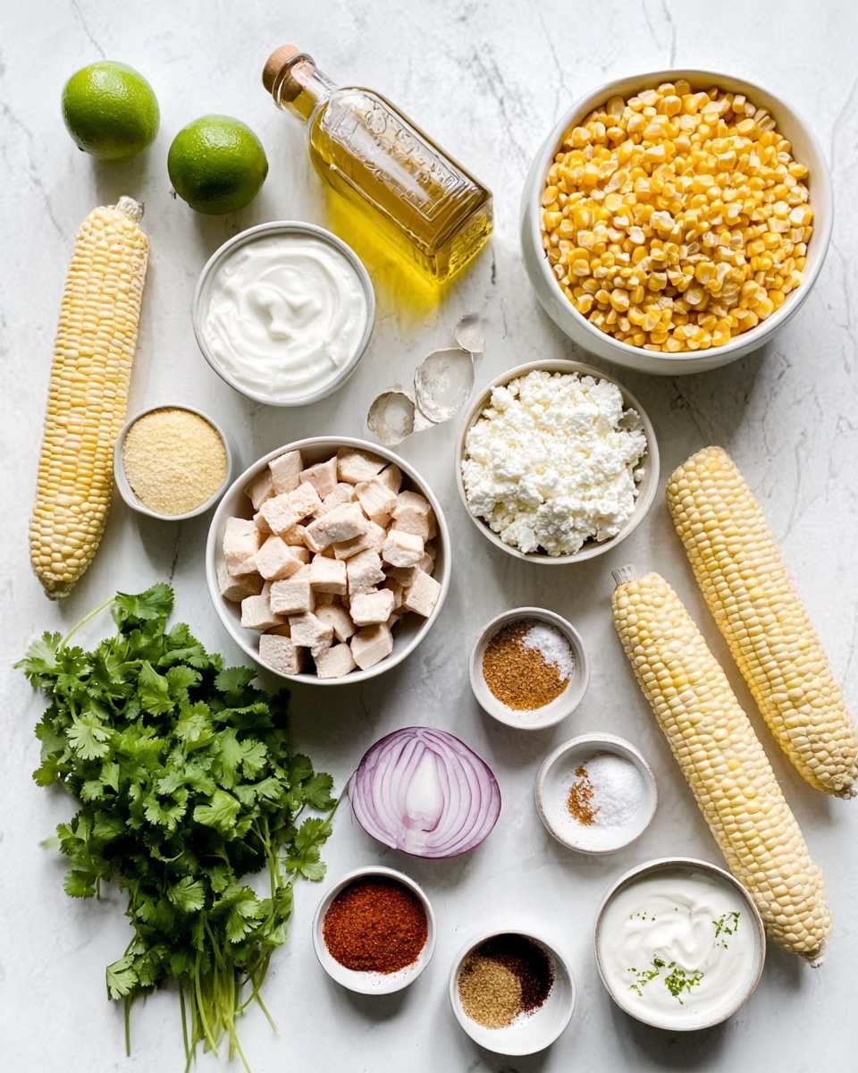 The image shows a white round plate and bowls arranged neatly on a white marbled surface. At the top right, a white bowl is filled with yellow corn kernels, next to a bottle of golden oil and two corn cobs with pale yellow kernels lying beside them. A white bowl in the center holds white cottage cheese with a grainy texture, while another bowl nearby has white creamy sour cream. Below, a bowl contains small cubed pieces of cooked chicken with light brown edges. A pile of fresh green cilantro leaves is placed to the bottom left. A chlorine lime and a small white plate with sliced purple onion are at the left side. Small white bowls containing chili powder, salt, and a spice mix are evenly spaced in between. The items are arranged in rough rows, showing layers of different colored ingredients and textures from smooth and creamy to chunky and leafy. A woman's hand can be seen just at the top left corner holding a lime. Photo taken with an iphone --ar 4:5 --v 7