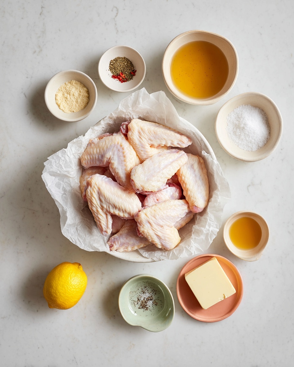The image shows a white bowl lined with crumpled parchment paper, filled with raw chicken wings that have a pale pink and creamy skin tone, arranged in a somewhat stacked manner. Around the bowl on a white marbled surface are small dishes and ingredients: a small white bowl with light and dark spices and white powder, a small white bowl with a pale yellow solid piece, a white bowl filled with golden honey or syrup, a small peach-colored bowl with a square piece of butter, a small white and peach split-color dish holding black pepper and white salt, a pale green bowl with white powder, and a bright yellow lemon placed near the center bottom. All items are neatly spaced and visible. photo taken with an iphone --ar 4:5 --v 7