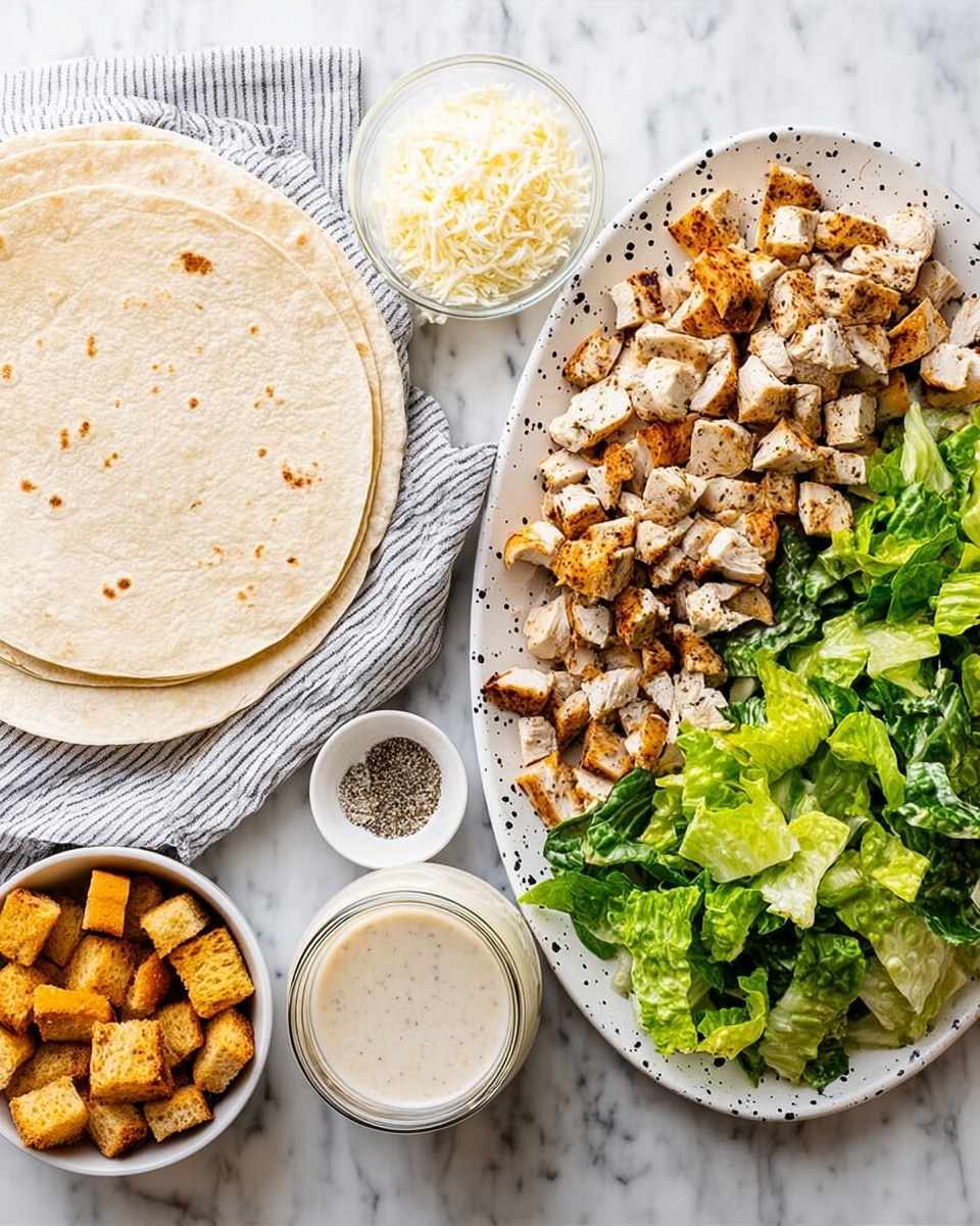The image shows a meal setup on a white marbled surface. On the left, there is a stack of light beige tortillas resting partly on a light gray and white striped cloth. To the right, there is a white oval plate with black spots holding two main layers: a pile of cubed grilled chicken with bits of seasoning on the left half, and fresh, chopped green lettuce on the right half. Above the plate, there is a small white bowl filled with fine grated cheese. Below the plate, there is a small white bowl with black pepper and salt, a clear glass jar filled with creamy dressing, and a white bowl containing golden brown toasted bread cubes. All items are neatly arranged and clearly visible. Photo taken with an iphone --ar 4:5 --v 7