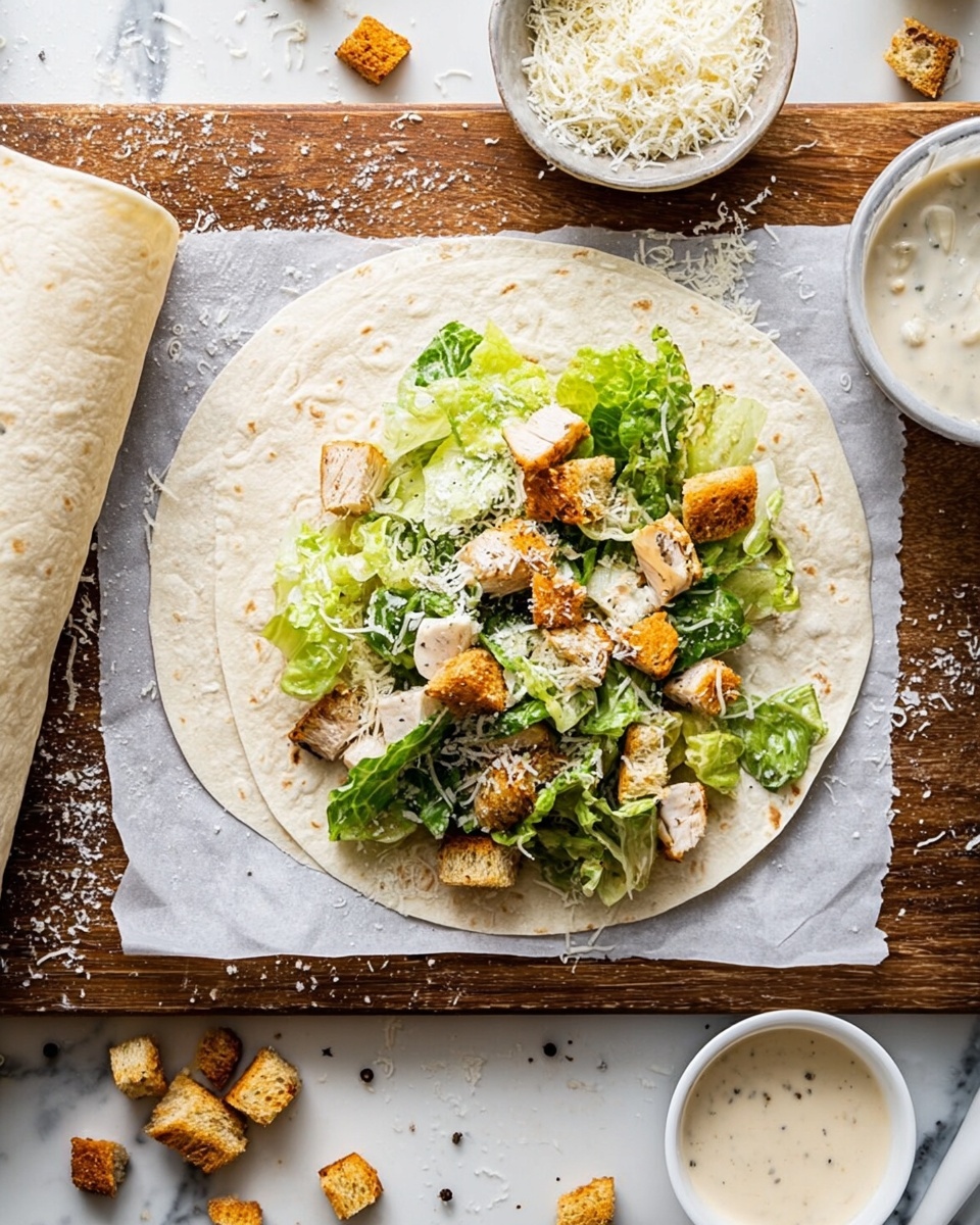 A white tortilla wrap is open on white parchment paper on a dark wooden board. The wrap is topped with chopped green lettuce, small cubes of cooked chicken, and golden-brown croutons mixed inside. To the left, there is a rolled tortilla, and around the wrap, three small white bowls hold grated cheese, creamy dressing, and black pepper. Some croutons are scattered near the bowls. The background surface is white with a marbled texture. Photo taken with an iphone --ar 4:5 --v 7