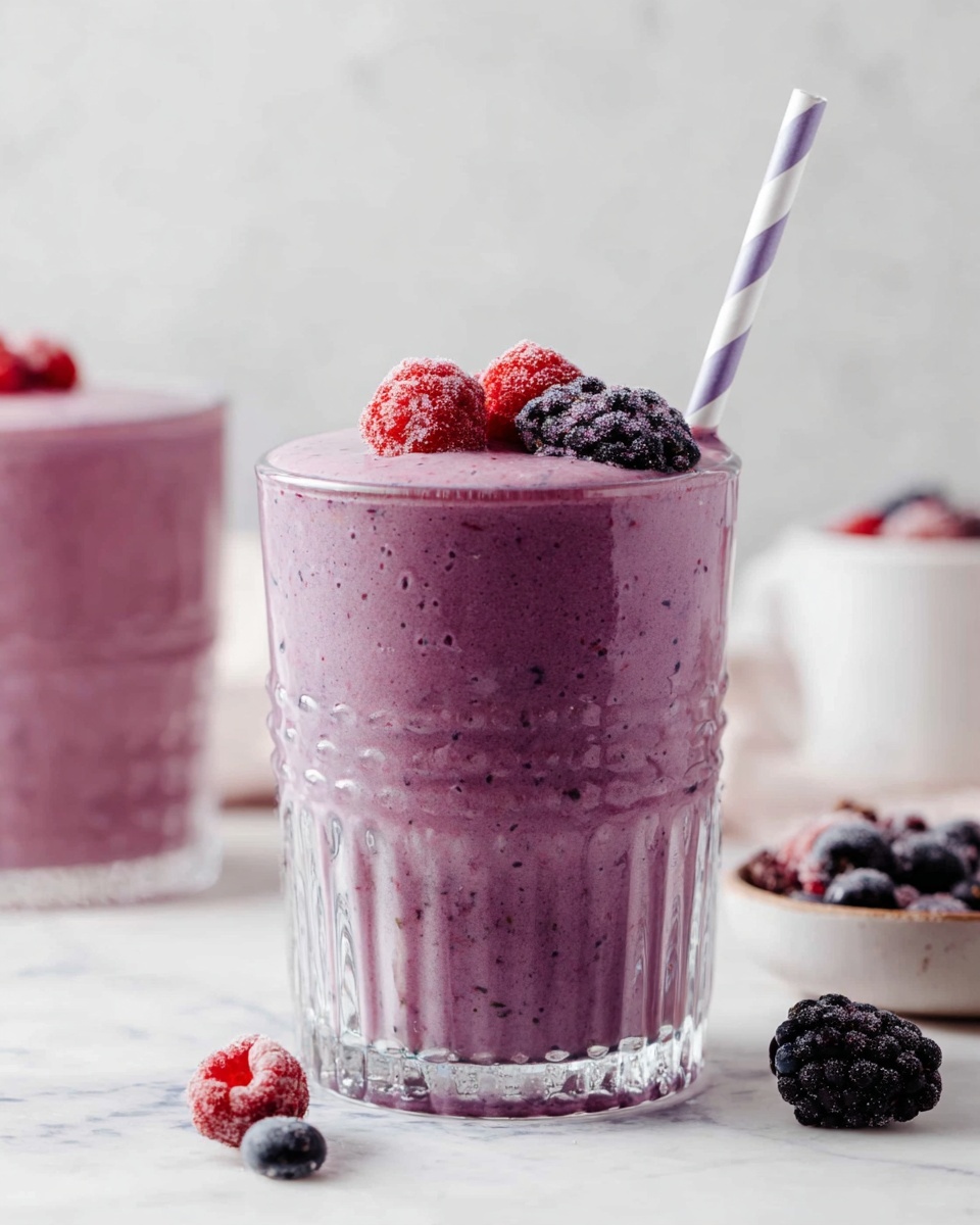 A clear glass filled with thick purple smoothie showing tiny dark specks inside, almost reaching the top where it overflows slightly. On the top surface of the smoothie, there are three frozen berries—two red raspberries and one large deep purple blackberry—adding texture and color contrast. A white and purple striped straw is placed on the right side of the glass, leaning outwards. The glass itself has a textured pattern with small dots at the top and vertical ridges below, and it sits on a white marbled surface. In the blurred background, another similar glass is partially visible, along with a small white cup and some extra frozen berries scattered around. photo taken with an iphone --ar 4:5 --v 7
