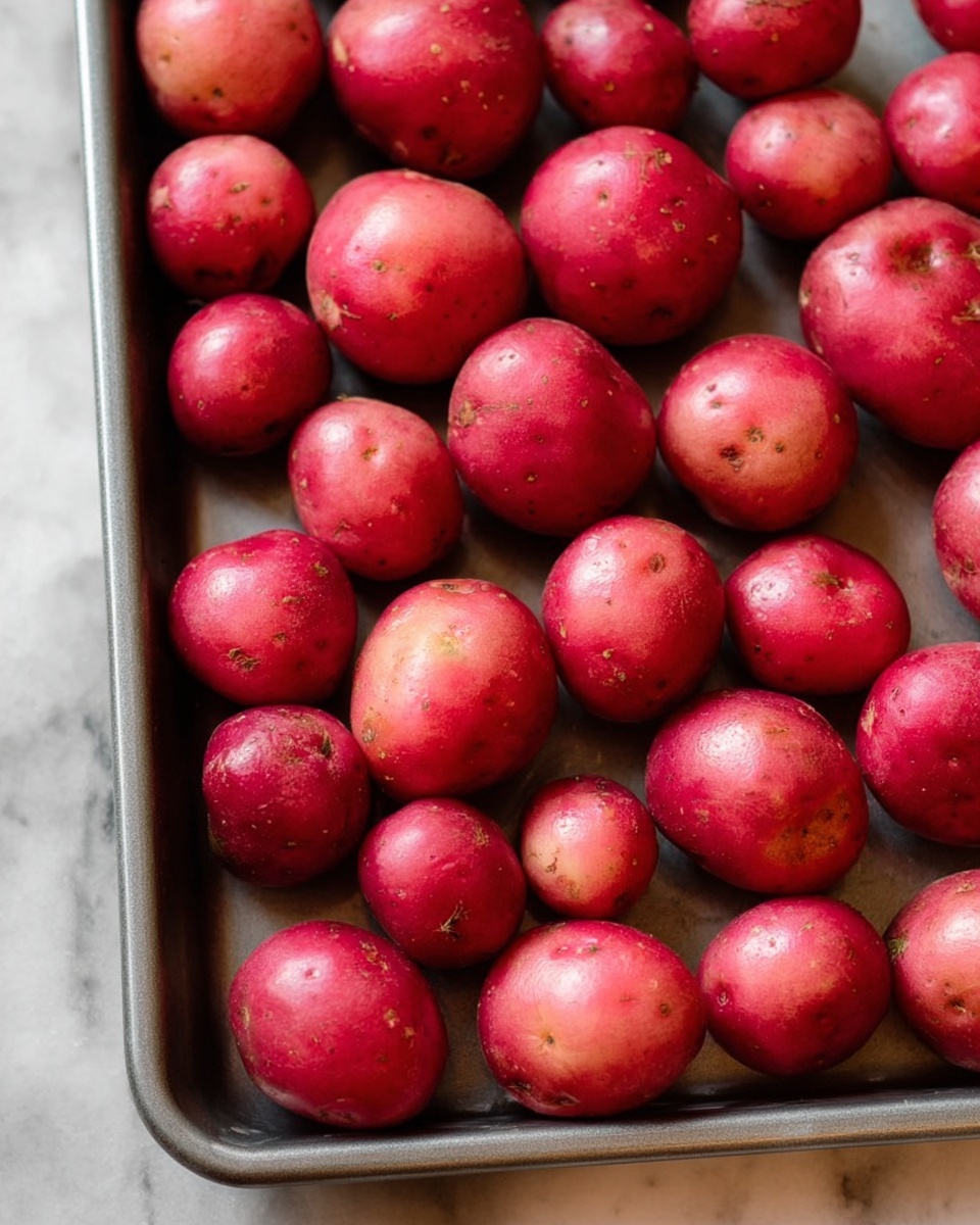 The image shows a baking tray filled with many small round red potatoes that are smooth with some small dark spots. They are placed close together, covering almost the entire tray, which is grey. The tray is sitting on a white marbled surface. photo taken with an iphone --ar 4:5 --v 7
