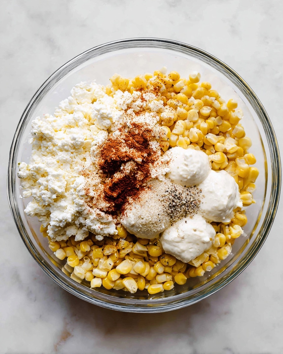 A clear glass bowl sits on a white marbled surface, filled with four main layers. The bottom layer is bright yellow corn kernels that cover the bowl evenly. On the left side, there is a large portion of white crumbled cheese with a rough texture. Above the cheese and corn, three creamy white dollops of sour cream or mayonnaise are placed, with some reddish-brown paprika or chili powder sprinkled over the top, adding contrast. There is also a light sprinkling of fine white salt or sugar, and some black pepper powder scattered near the spices. Photo taken with an iphone --ar 4:5 --v 7