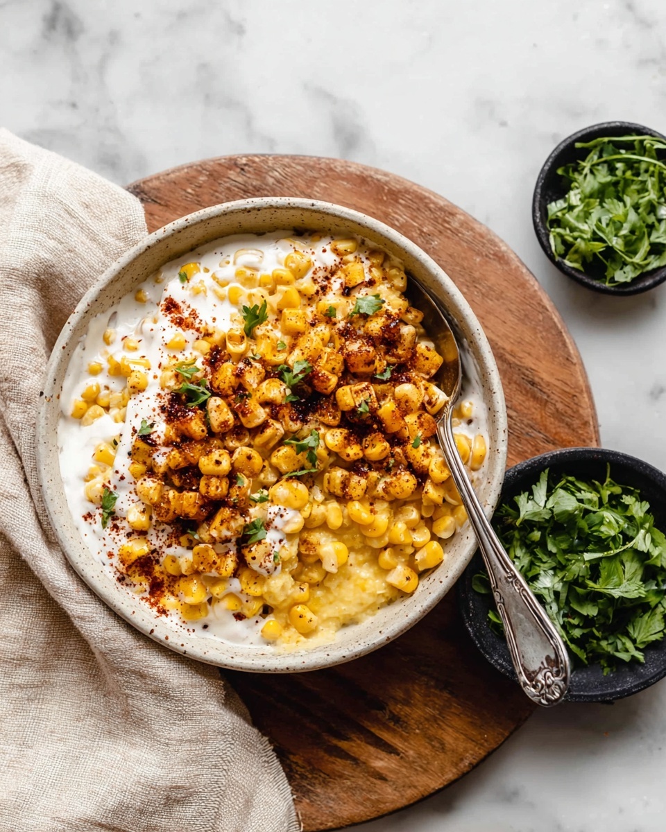 A white speckled bowl filled with three layers: a base of yellow corn kernels with a soft texture, a middle layer of white creamy sauce drizzled unevenly over the corn, and a top layer of browned corn pieces sprinkled with small green herb leaves and fine red spice powder. A vintage silver spoon rests inside the bowl on the right side, partially submerged in the layers. The bowl is placed on a round wooden board, with a small black bowl of fresh green herbs beside it. In the background is a white marbled surface covered with a light beige cloth. Photo taken with an iphone --ar 4:5 --v 7