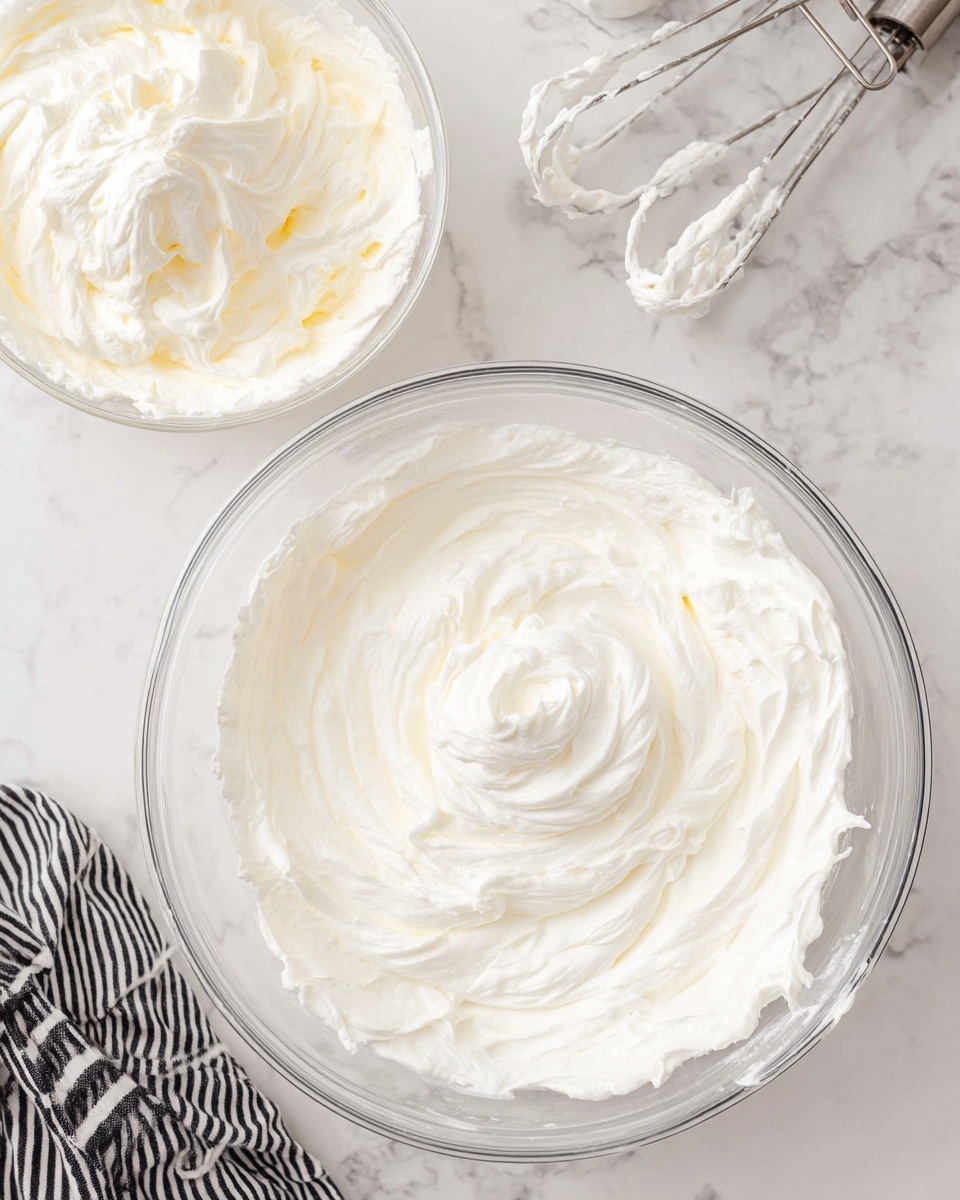 The image shows two clear glass bowls on a white marbled surface. The larger bowl in the front contains a thick, fluffy white whipped cream with soft peaks and a smooth texture. The smaller bowl at the top left of the frame holds a similar whipped cream mixture, but it is more tightly whipped with sharper ridges and swirls. To the top right of the bowls, there are two metal beaters covered with some whipped cream, resting on the white marbled surface. A black and white striped cloth is partially visible at the bottom left corner. The overall scene is bright with soft natural light. photo taken with an iphone --ar 4:5 --v 7