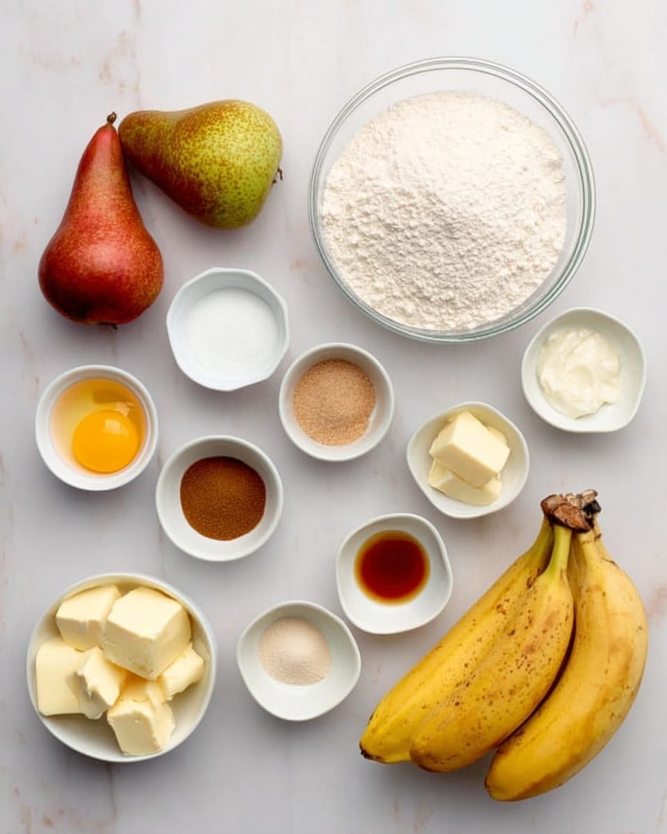 The image shows ingredients neatly arranged on a white marbled surface. There are two pears on the left with red and green skin. Next to the pears is a large clear glass bowl filled with white flour. Above the flour bowl are several small white bowls with various ingredients: one with white granulated sugar, one with brown sugar, one with two yellow egg yolks and whites in a bowl, one with three cubes of pale yellow butter, one with a white creamy substance which looks like yogurt, and three other small bowls with different spices and liquids in shades of brown and beige. On the right side of the image are two ripe yellow bananas with some brown spots on their skin. The arrangement is clean and well spaced. Photo taken with an iphone --ar 4:5 --v 7
