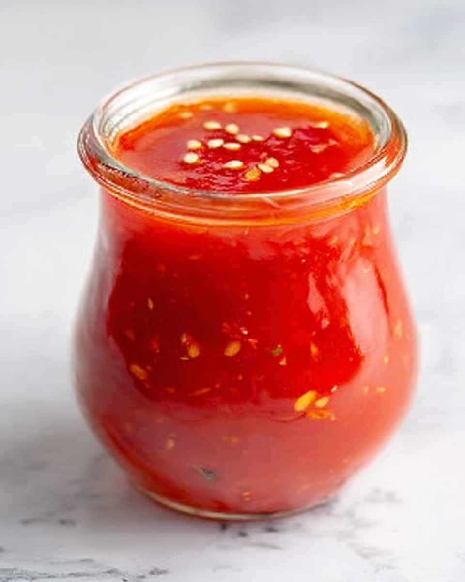 A clear glass jar filled with bright red chili sauce sits on a white marbled surface. The sauce is smooth but shows small bits of chili and seeds floating inside, giving texture and tiny pops of yellow and white. The jar is round and tapers slightly toward the top, with the sauce's shiny surface reflecting light softly. A few chili seeds float on top as a garnish. The background is softly blurred in light gray tones. photo taken with an iphone --ar 4:5 --v 7