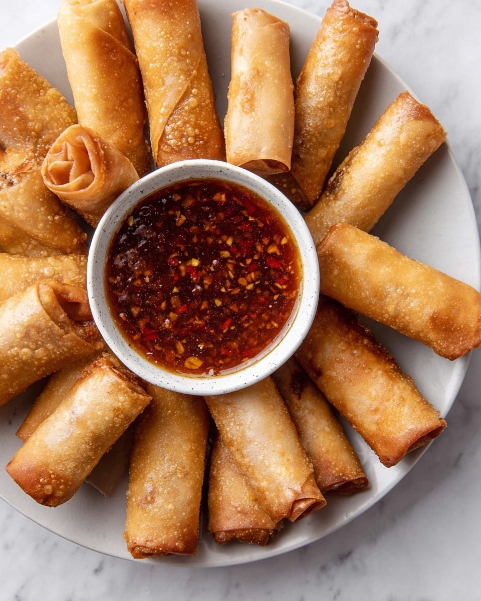 A white plate holds many golden-brown, crispy spring rolls neatly arranged around a small white bowl filled with thick, dark reddish-brown dipping sauce with visible small bits of spices. The spring rolls have a textured, crunchy surface with some slight bubbling on the fried skin. The white bowl is smooth with a slight speckled pattern, centered among the spring rolls. All of this is set on a white marbled surface. photo taken with an iphone --ar 4:5 --v 7