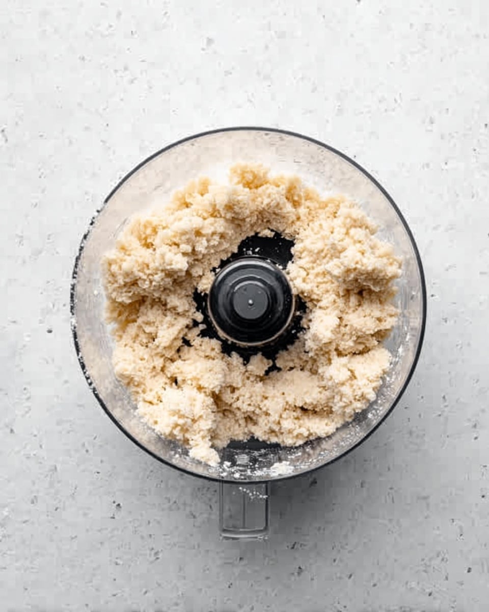 A clear food processor bowl sitting on a white marbled surface filled with small loose pieces of pale dough clumped together around the central black blade in the middle. The dough looks crumbly and uneven, with some parts sticking more than others, showing a rough texture. The image is taken from above, giving a top view of the contents inside the transparent bowl. Photo taken with an iphone --ar 4:5 --v 7