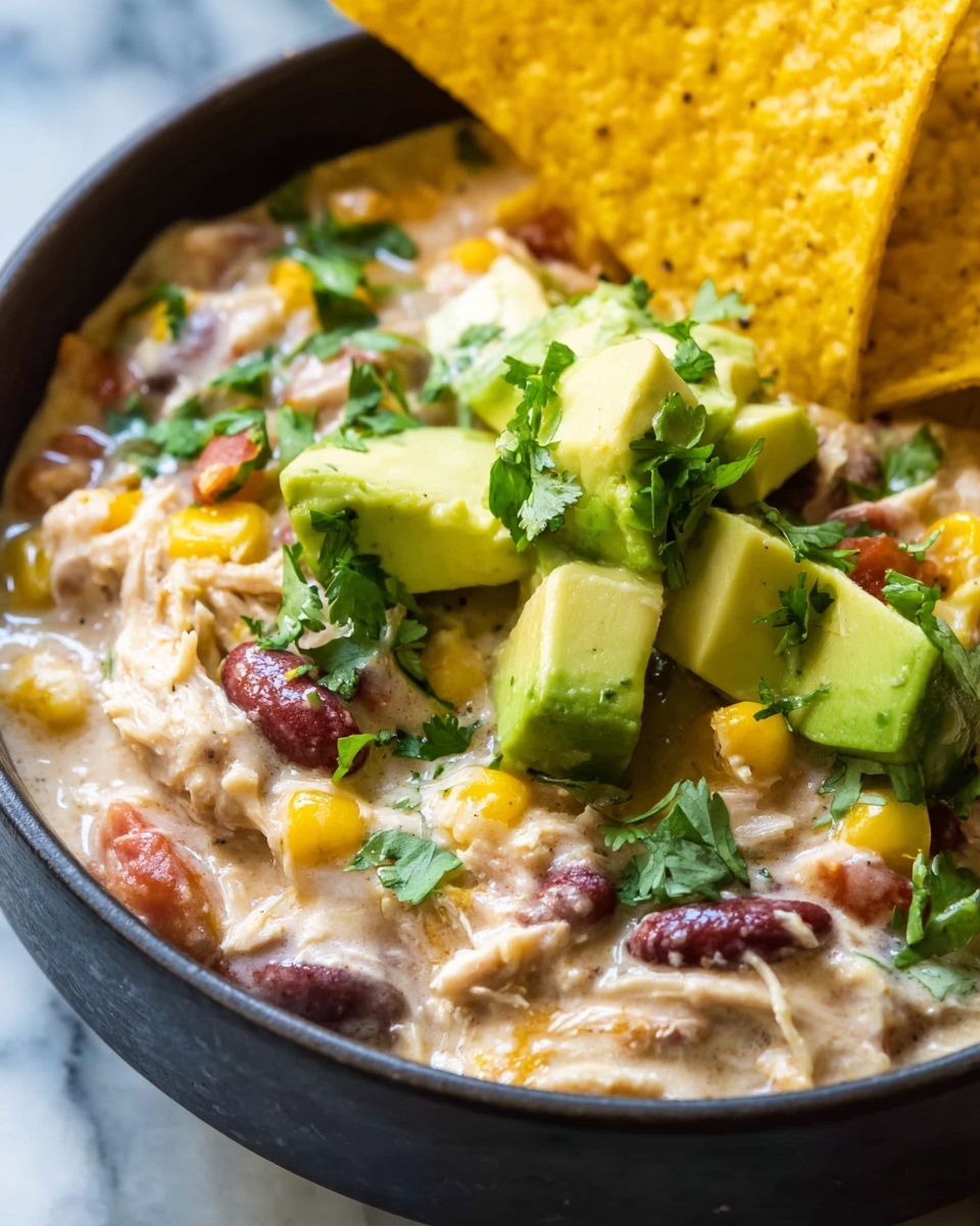 A close-up of a creamy dish in a dark bowl showing two main layers: a thick creamy white sauce mixed with shredded chicken, red kidney beans, yellow corn, and small bits of red and green vegetables as the base layer, topped with bright green chunks of avocado and chopped fresh cilantro leaves sprinkled on top. Three yellow tortilla chips are placed upright in the bowl, leaning against the avocado. The bowl is set on a white marbled surface. photo taken with an iphone --ar 4:5 --v 7