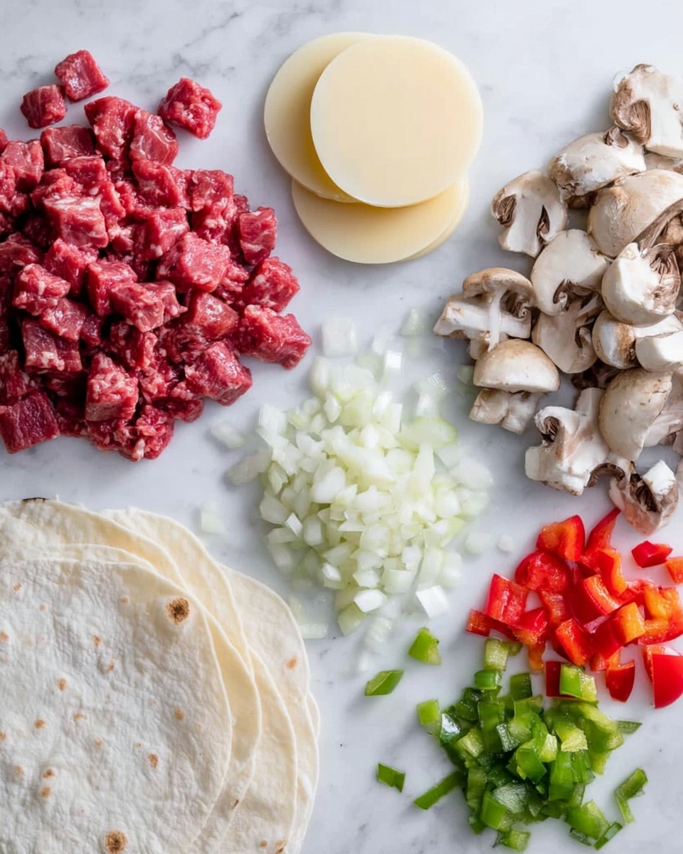 The image shows a white marbled surface with fresh food ingredients laid out. On the top left, there is a pile of small red raw meat cubes. Next to it are three round, pale yellow cheese slices stacked neatly. To the right of the cheese, there is a pile of chopped white and brown mushrooms. Below these, finely chopped white onions are placed near the center. To the bottom right, there are small pieces of red and green bell peppers mixed together. On the bottom left is a white flour tortilla folded partially. Photo taken with an iphone --ar 4:5 --v 7