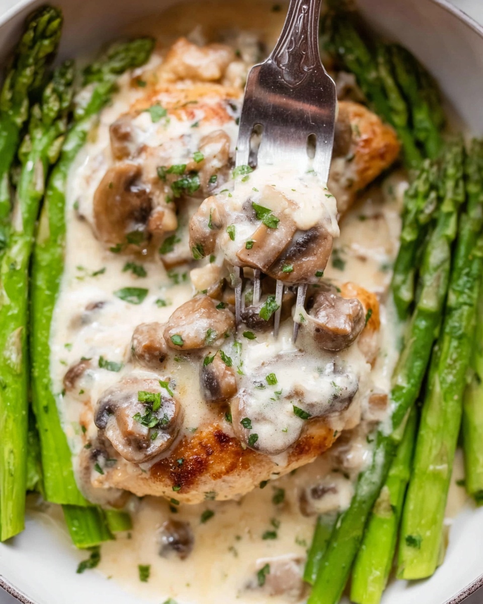 A white plate holds a dish with two pieces of cooked chicken covered in creamy white sauce with mushrooms scattered on top and around the chicken. The chicken pieces are light brown and slightly crispy. Around the chicken, there are bright green asparagus spears arranged neatly on the sides. The sauce is smooth and thick, with small green herb bits sprinkled over everything. A silver fork is pressing into the chicken piece, showing its soft inside. The background is a white marbled texture. photo taken with an iphone --ar 4:5 --v 7