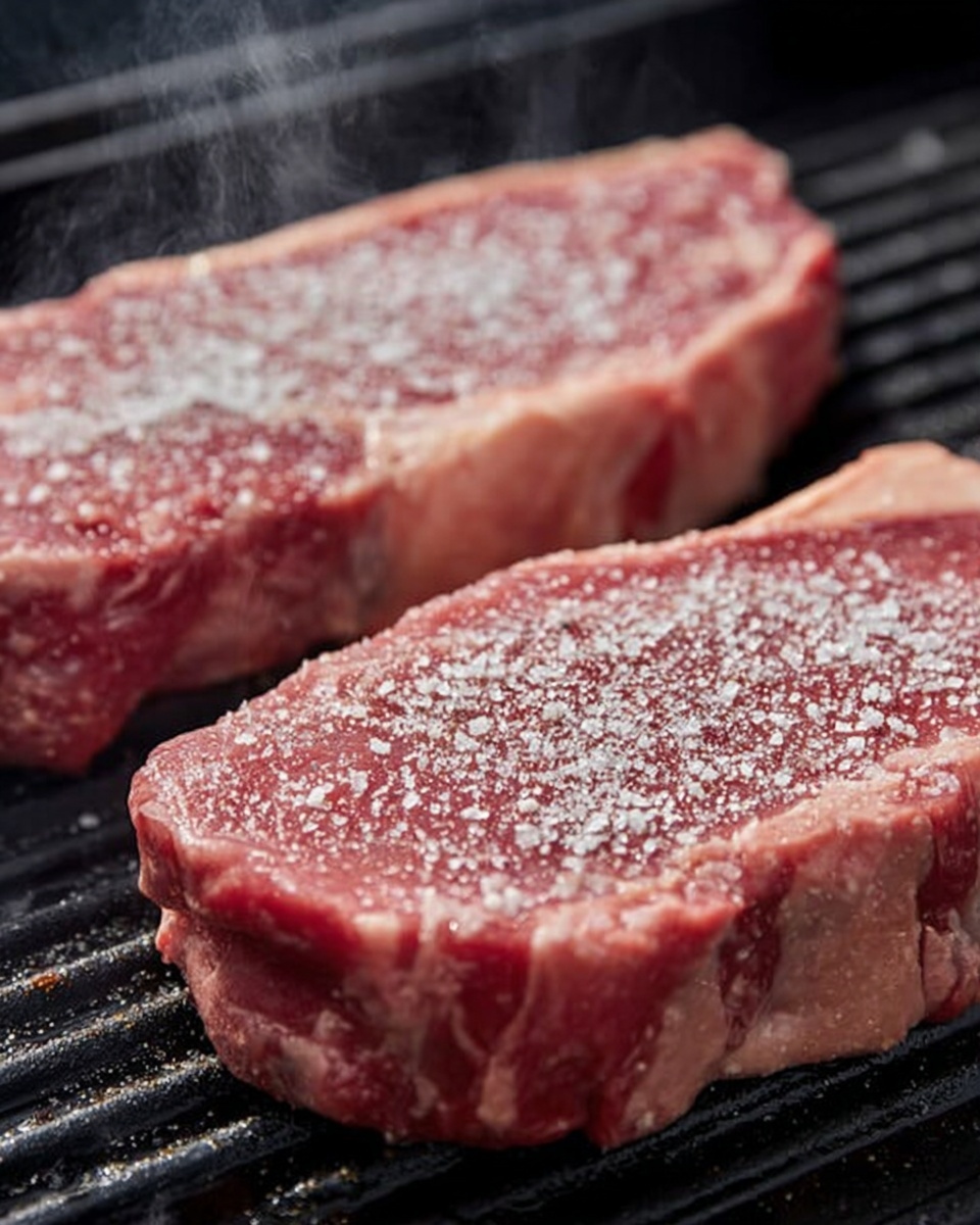 The image shows two thick pieces of raw red meat placed on a grill. Each piece has a light layer of white salt sprinkled on top, giving a textured look. The meat has light fat edges with a soft pink color and some visible marbling. There is a little steam or smoke rising from the grill, showing that the meat is being cooked. The grill itself has dark black lines contrasting with the red meat. The background has a white marbled texture. Photo taken with an iphone --ar 4:5 --v 7