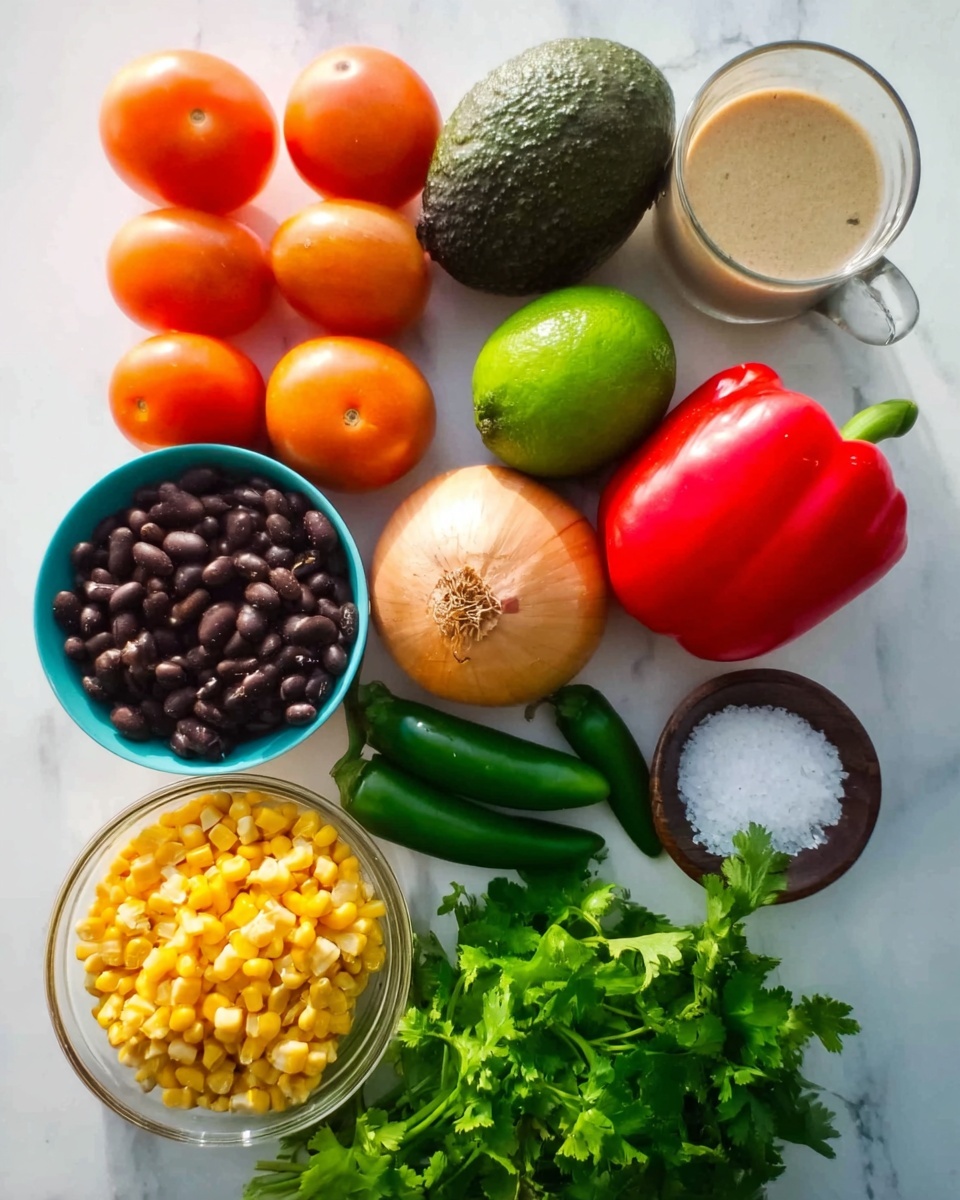 The image shows a white marbled surface with a colorful and fresh arrangement of ingredients. There are six orange-red tomatoes stacked on the left side, a whole dark green avocado sitting above two green limes, and a bright red bell pepper next to the avocado. Below these, a light-brown onion lies next to two green jalapeño peppers and two cloves of garlic. Near the middle of the image, a clear glass cup holds a beige liquid. A small white bowl of salt is beside a blue bowl filled with dark brown beans. At the bottom left, a clear bowl is full of bright yellow corn kernels. Fresh green parsley and cilantro sprays occupy the lower right corner. The lighting is natural and bright, making the colors pop. Photo taken with an iphone --ar 4:5 --v 7