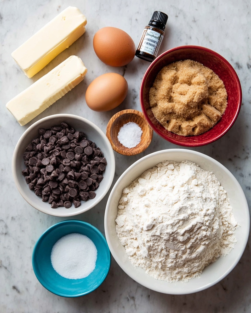 The image shows a collection of baking ingredients arranged neatly on a white marbled surface. There are two eggs placed near two sticks of butter, which sit next to a small round white bowl filled with dark chocolate chips. Above them, a medium red bowl contains light brown sugar with a crumbly texture. To the right, a large white bowl is full of white flour with a soft, powdery look, and below it, a small blue bowl holds a white powder, likely baking soda or powder. Next to it is a small wooden bowl with a pinch of salt. On the left side of the image, there is a dark brown bottle labeled vanilla extract. Everything is well spaced and clearly visible, creating a simple and clean scene. photo taken with an iphone --ar 4:5 --v 7