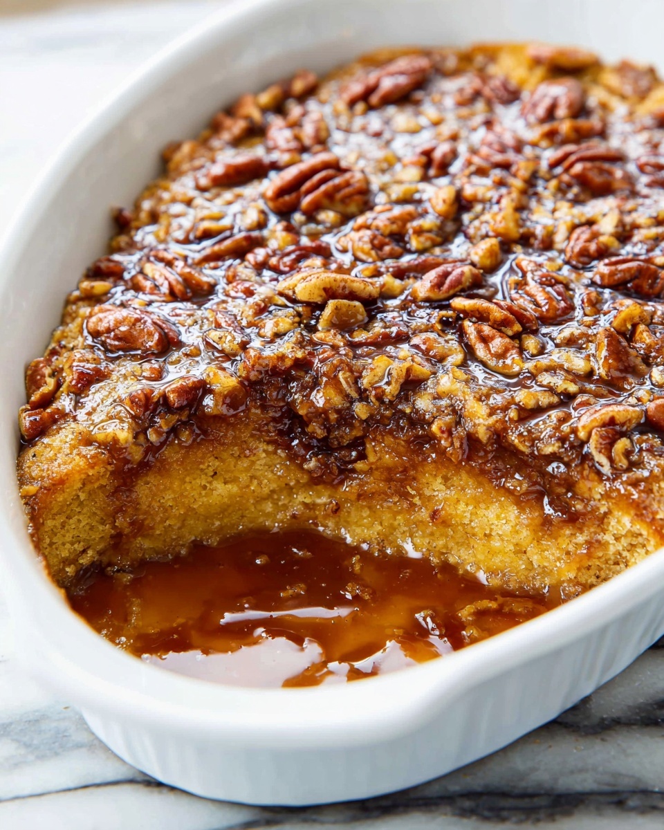 A close-up of a golden brown dessert with a crumbly top layer filled with whole toasted pecans, showing a thick, syrupy layer beneath the pecans that looks sticky and glossy, sitting on a spoon with a textured surface; the background shows the same dessert in a white dish with more pecans scattered around its golden crust on a white marbled surface. photo taken with an iphone --ar 4:5 --v 7