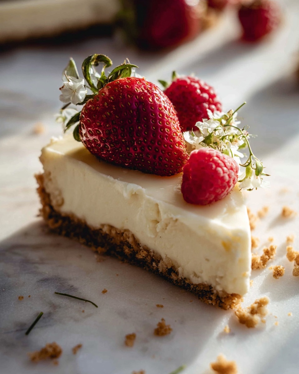 A slice of cheesecake is shown with three layers: a crumbly brown crust at the bottom, a thick creamy white filling in the middle, and smooth white cream on top. The slice is decorated with two large red strawberries, two smaller red raspberries, and small white flowers with green stems placed on the cream layer. Some crumbs are scattered around the slice on a white marbled surface, creating a natural, warm feel. The background is softly blurred, highlighting the texture and colors of the cheesecake and fruit. photo taken with an iphone --ar 4:5 --v 7