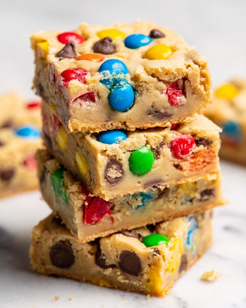 The image shows a close-up of a large rectangular sheet of cookie bars cut into 4 by 6 square pieces. Each piece has a golden-brown top layer with a slightly cracked and soft texture that reveals small chocolate chips embedded in the dough. On top, a colorful assortment of candy-coated chocolate pieces in red, green, yellow, blue, and orange is spread evenly across the whole batch. The colors contrast with the warm cookie dough, making the bars look festive and rich. The cookie bars rest on a white marbled surface. photo taken with an iphone --ar 4:5 --v 7